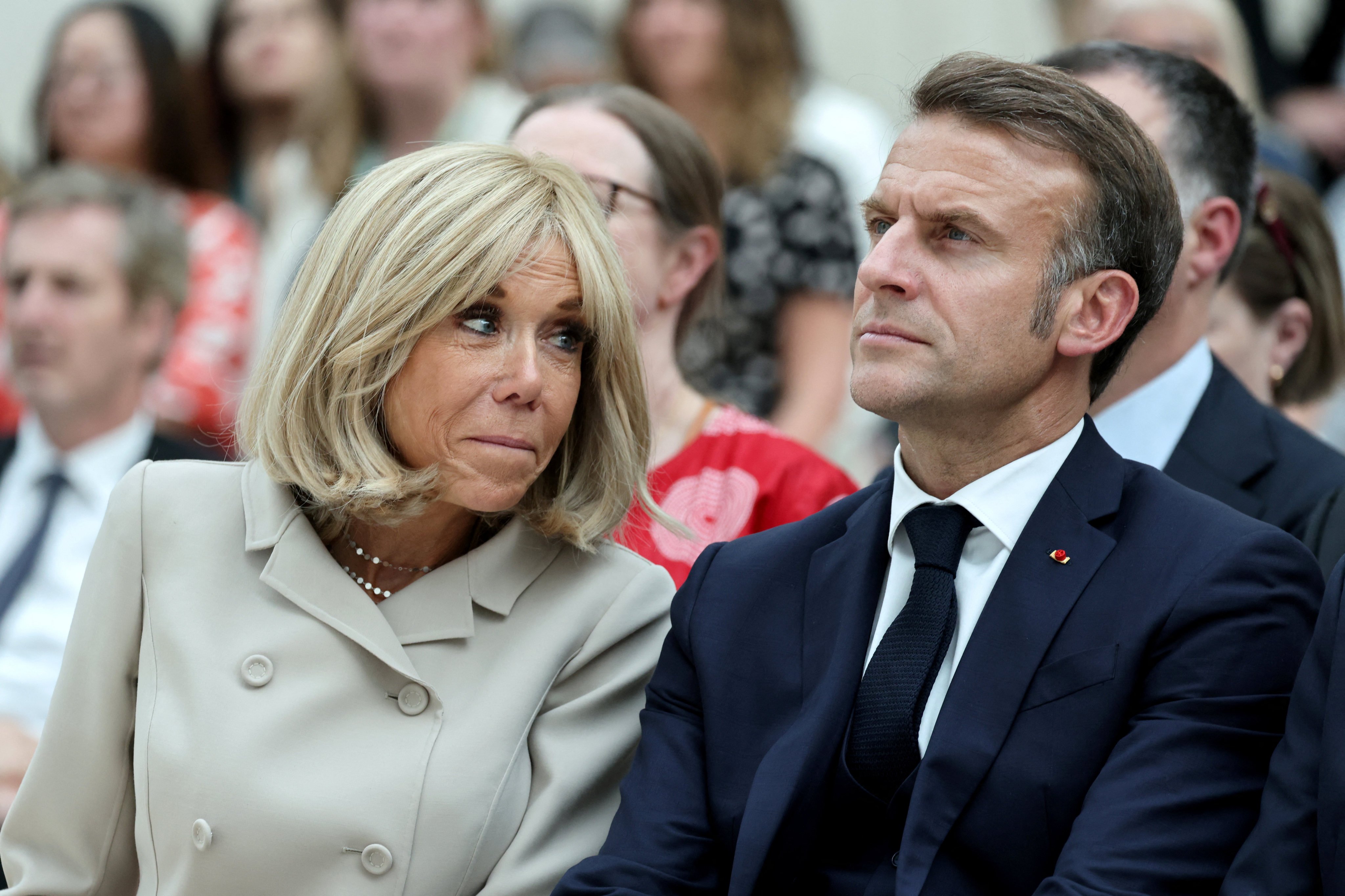 France’s President Emmanuel Macron and his wife Brigitte Macron attend a ceremony during their visit to The British Museum in London, Britain, on July 9. Photo: Reuters