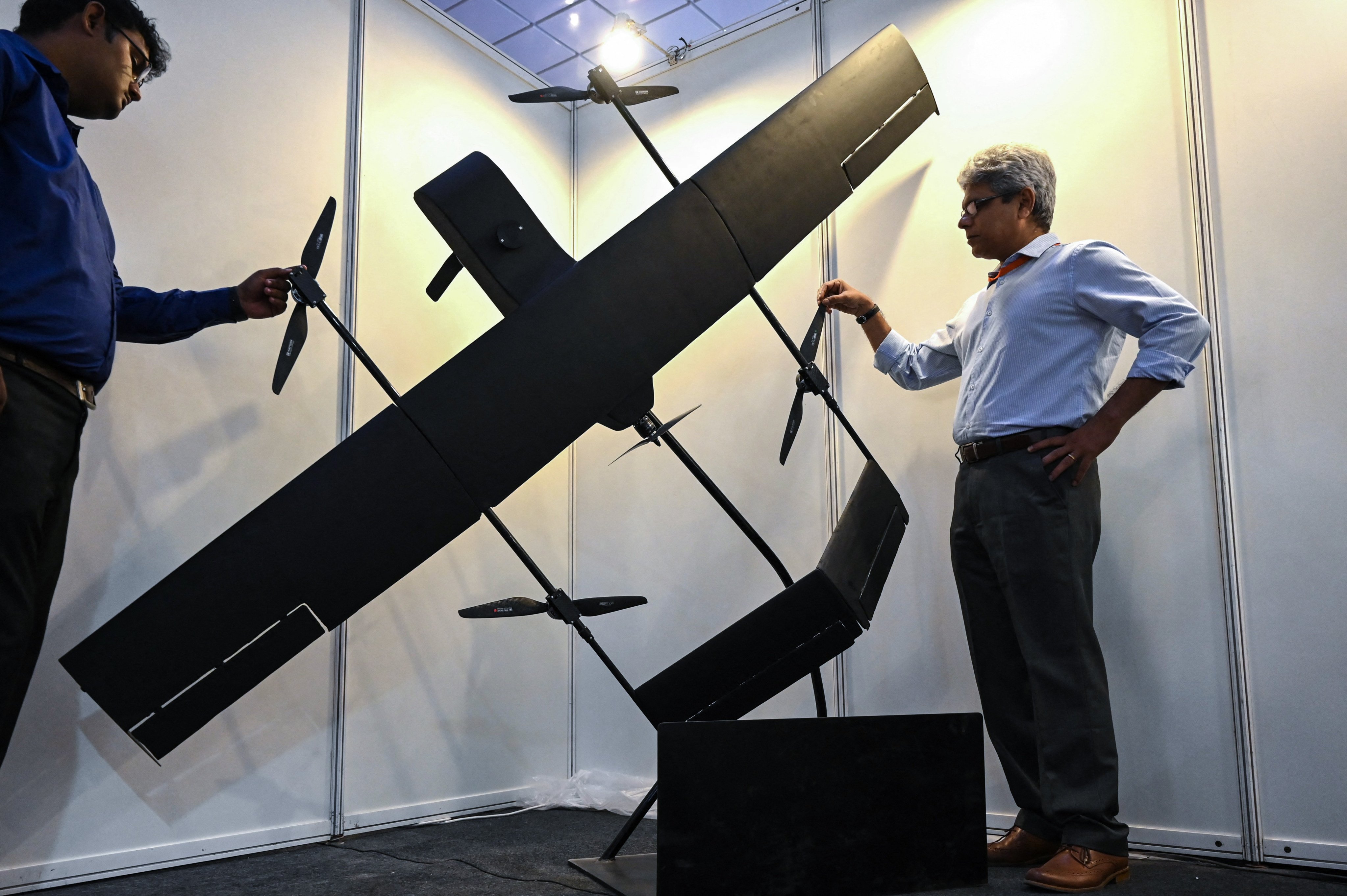 Visitors look at an unmanned aerial vehicle displayed at an expo in Chennai in May 2022. India has taken steps to catalyse its domestic ecosystem to boost drone production. Photo: AFP