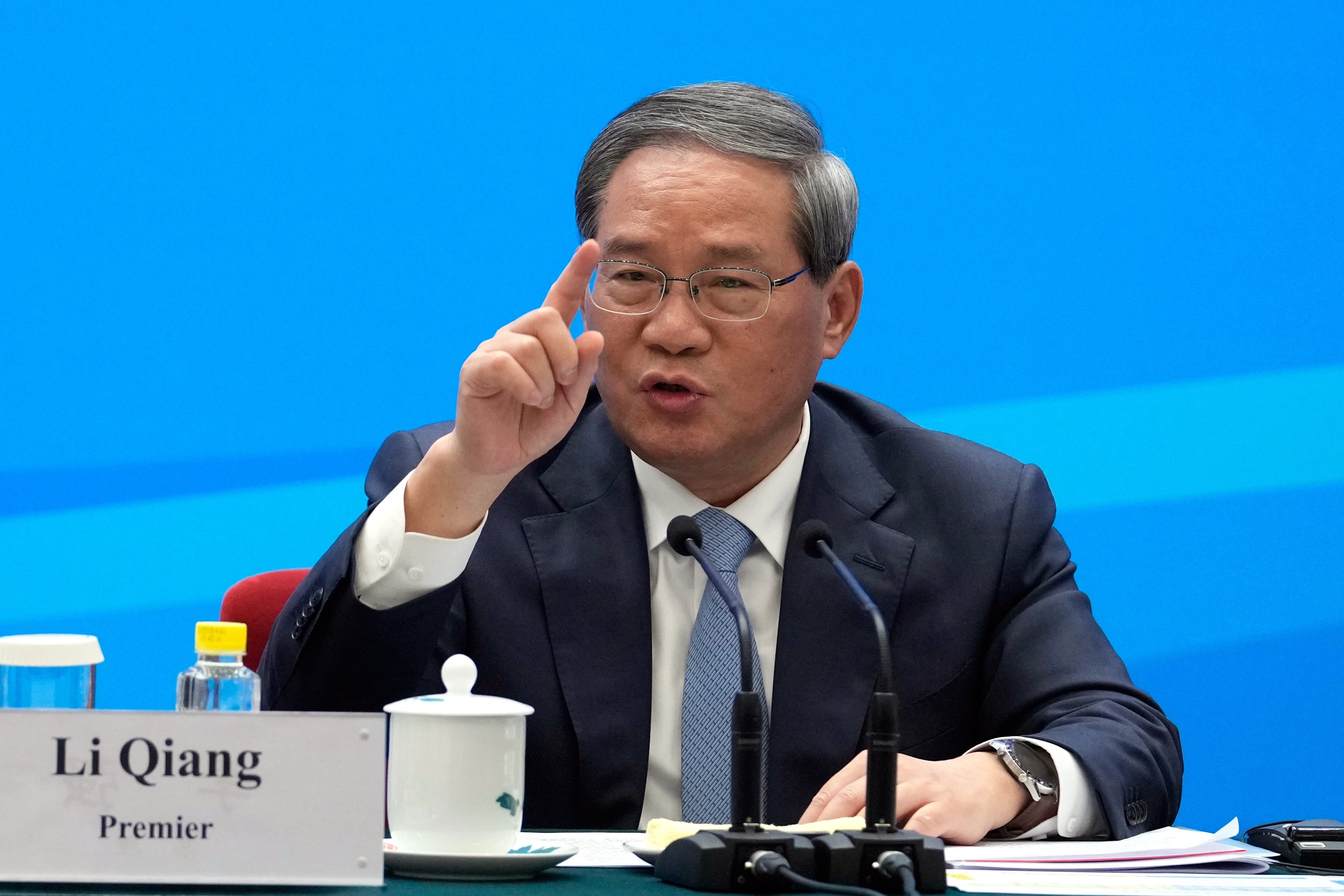 Chinese Premier Li Qiang speaks during the EU-China Business Leaders Symposium in Beijing on Thursday. Photo: EPA