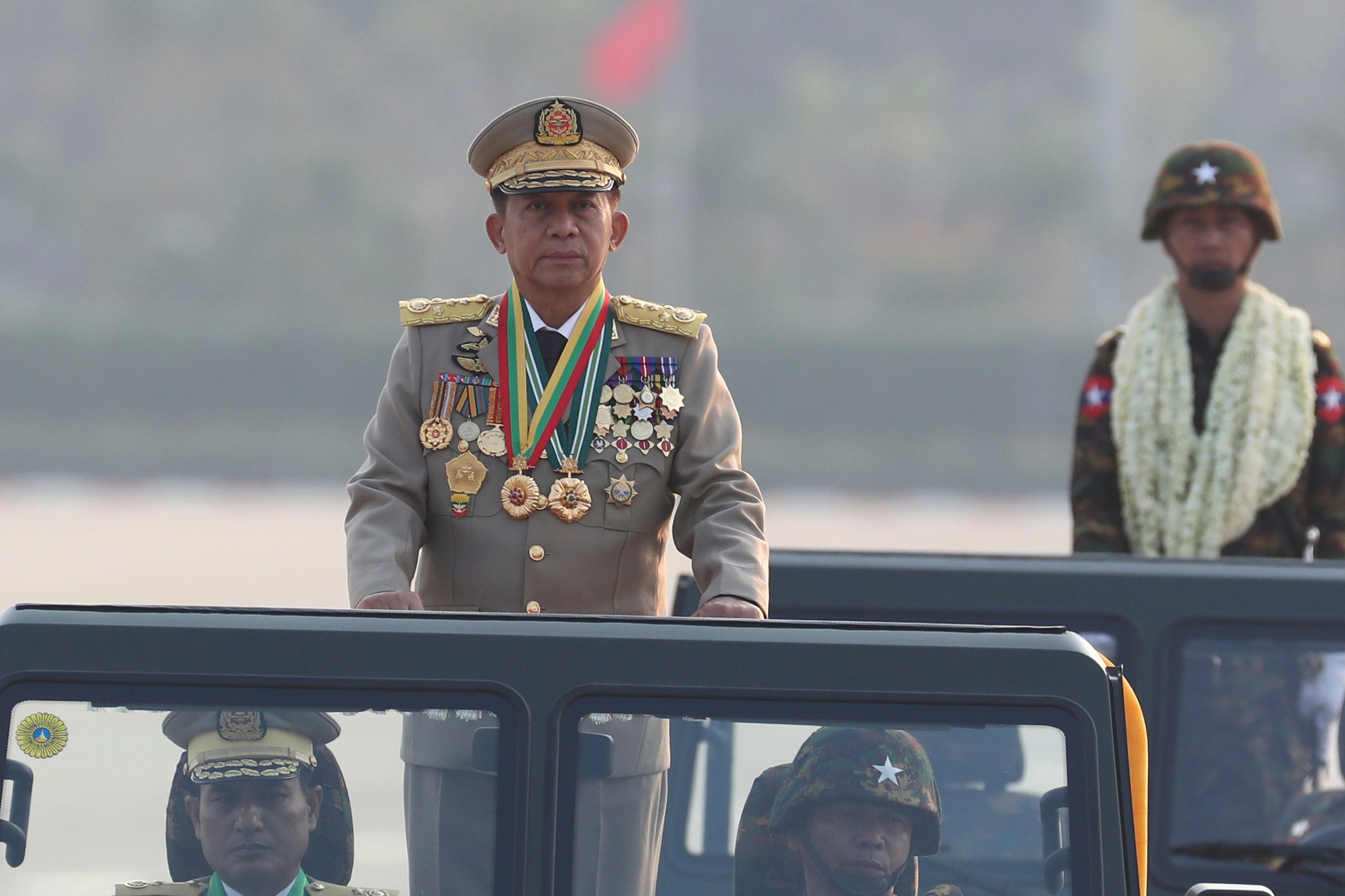 Myanmar’s junta chief Min Aung Hlaing inspects a military parade in Naypyidaw in 2023. Photo: AP