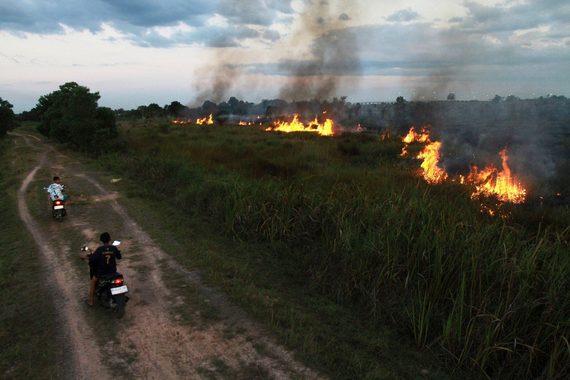 Motorists ride past a fire that razes through a peatland field in Ogan Ilir, South Sumatra, on July 20. Photo: AP Motorists ride past a fire that razes through a peatland field in Ogan Ilir, South Sumatra, on July 20. Photo: AP