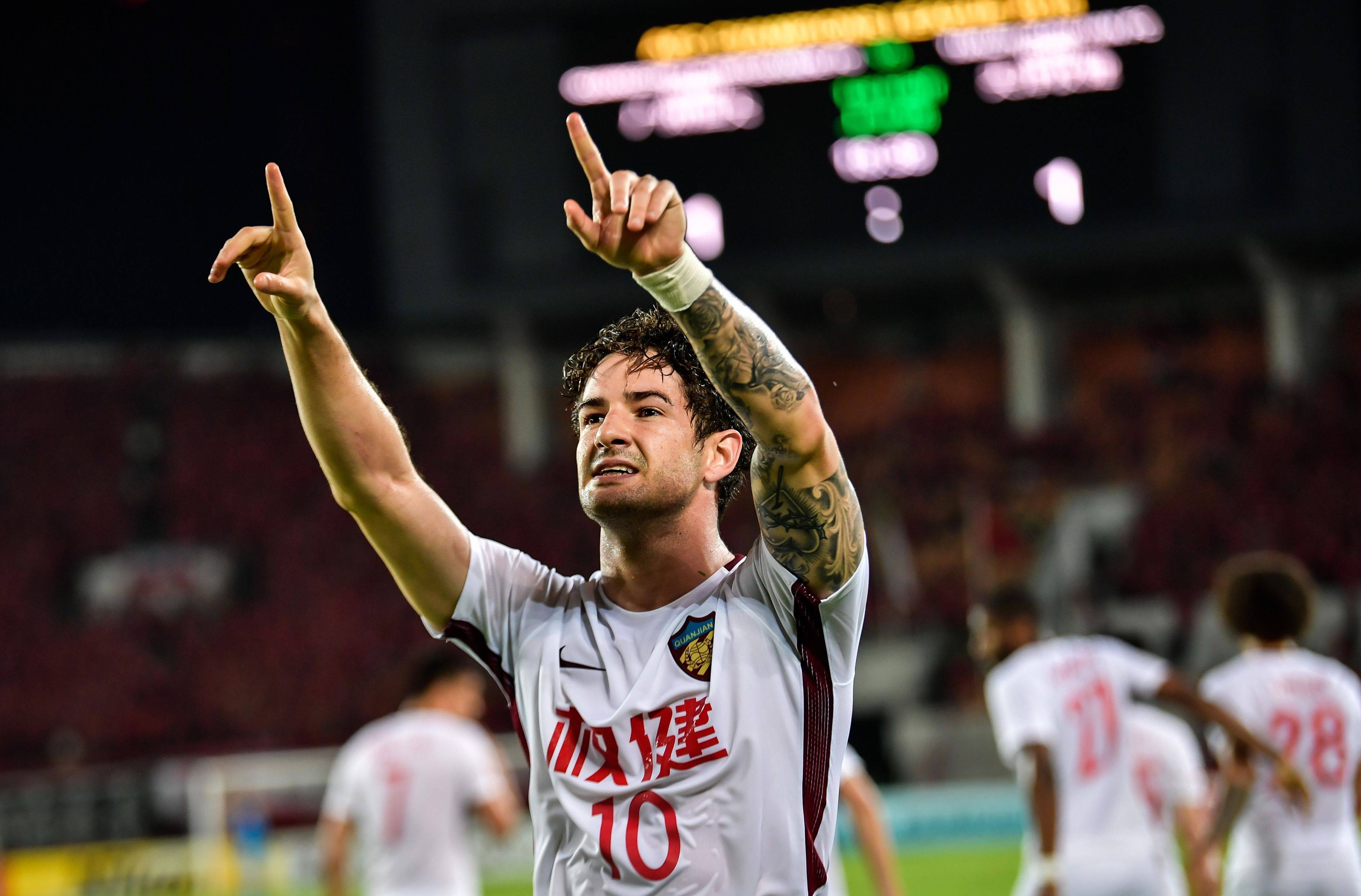 Alexandre Pato celebrating after scoring for Tianjin Quanjian in an AFC Champions League match against fellow Chinese club Guangzhou Evergrande in 2018. Photo: AFP