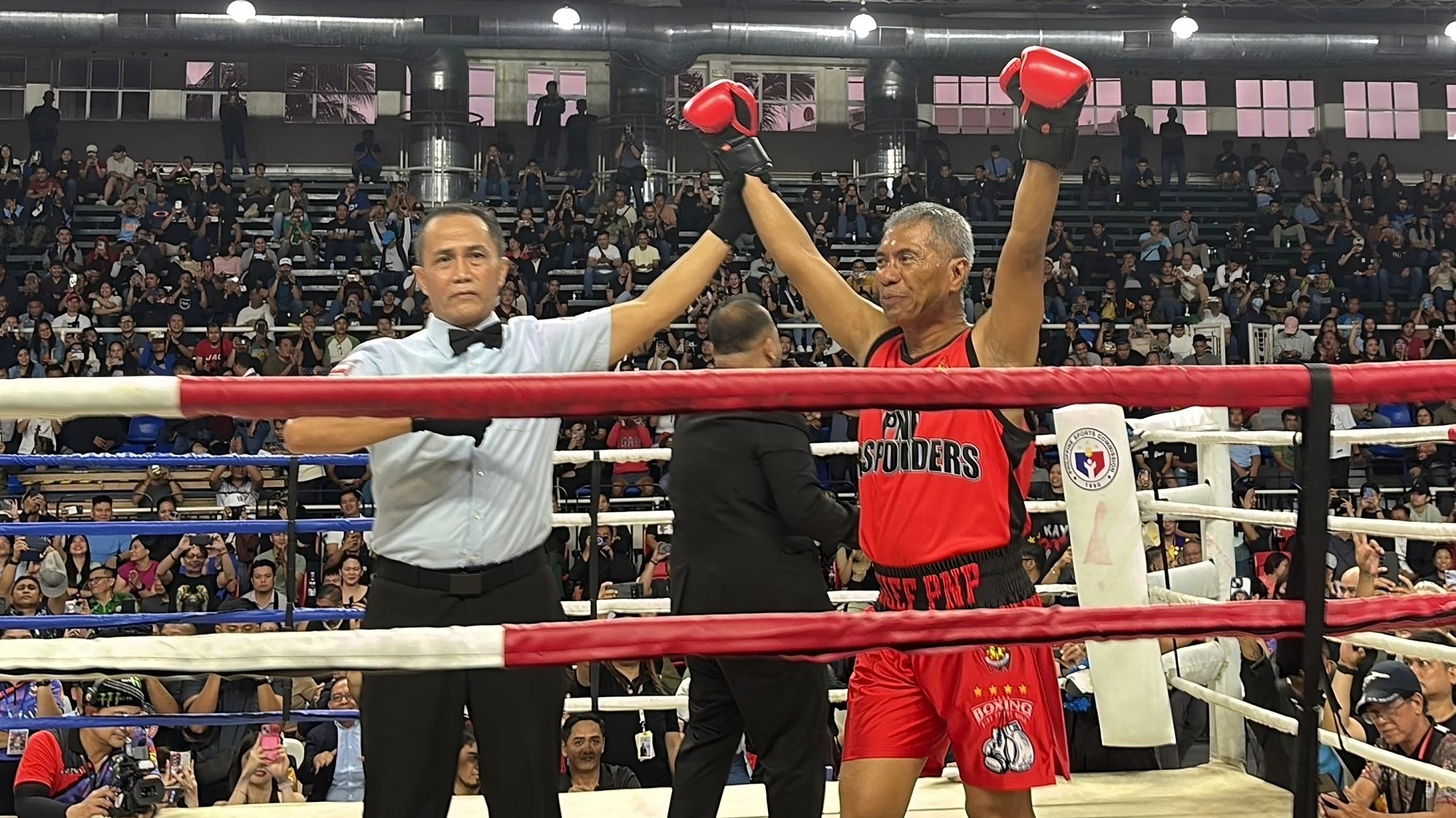Philippine police chief Nicolas Torre is announced the winner of Sunday’s boxing match after Sebastian “Baste” Duterte failed to show up. Photo: X/jessiecruzat Philippine police chief Nicolas Torre is announced the winner of Sunday’s boxing match after Sebastian “Baste” Duterte failed to show up. Photo: X/jessiecruzat