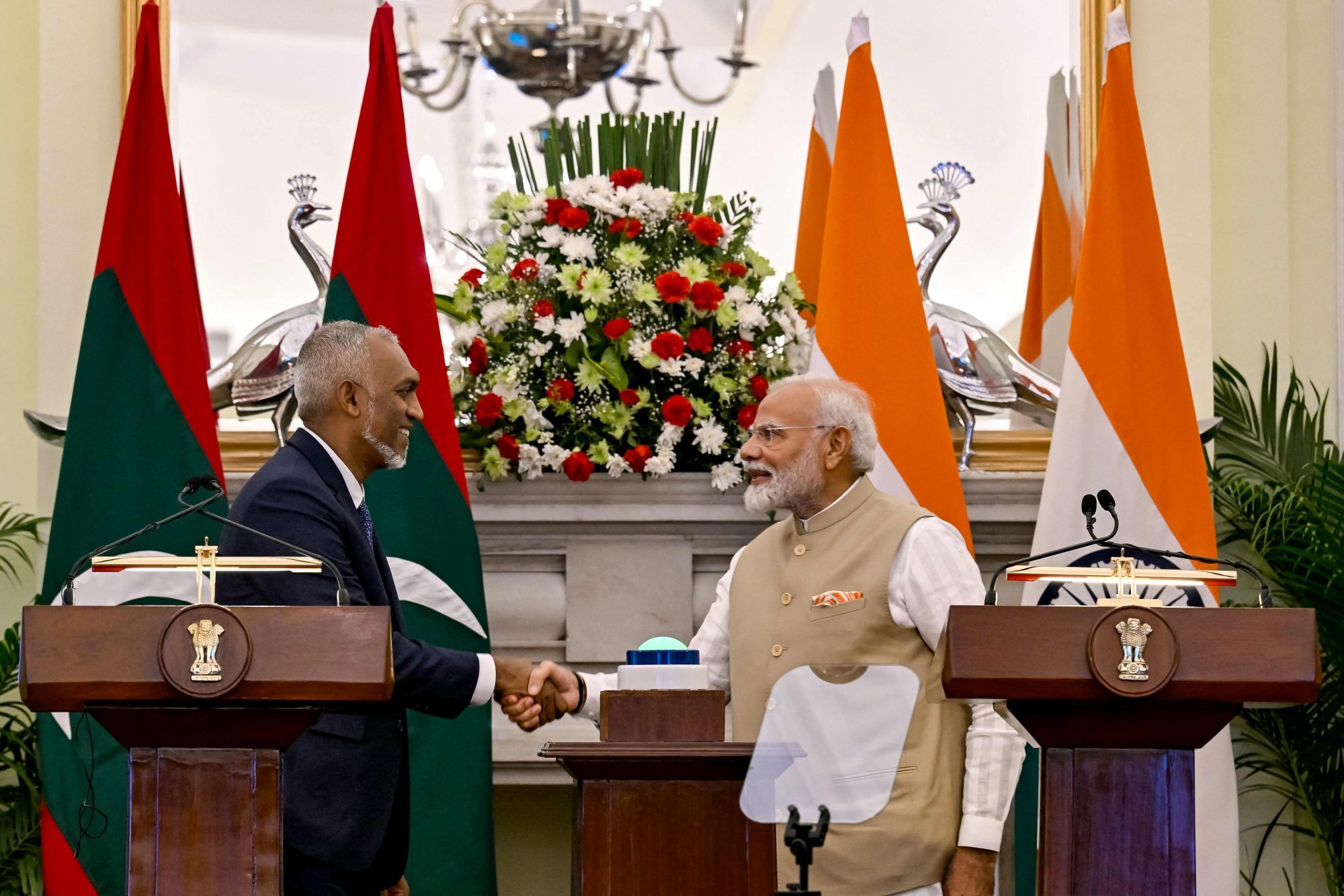 India’s Prime Minister Narendra Modi and Maldives President Mohamed Muizzu shake hands at the Hyderabad House in New Delhi on October 7, 2024 during Muizzu’s state visit. Photo: AFP India’s Prime Minister Narendra Modi and Maldives President Mohamed Muizzu shake hands at the Hyderabad House in New Delhi on October 7, 2024 during Muizzu’s state visit. Photo: AFP