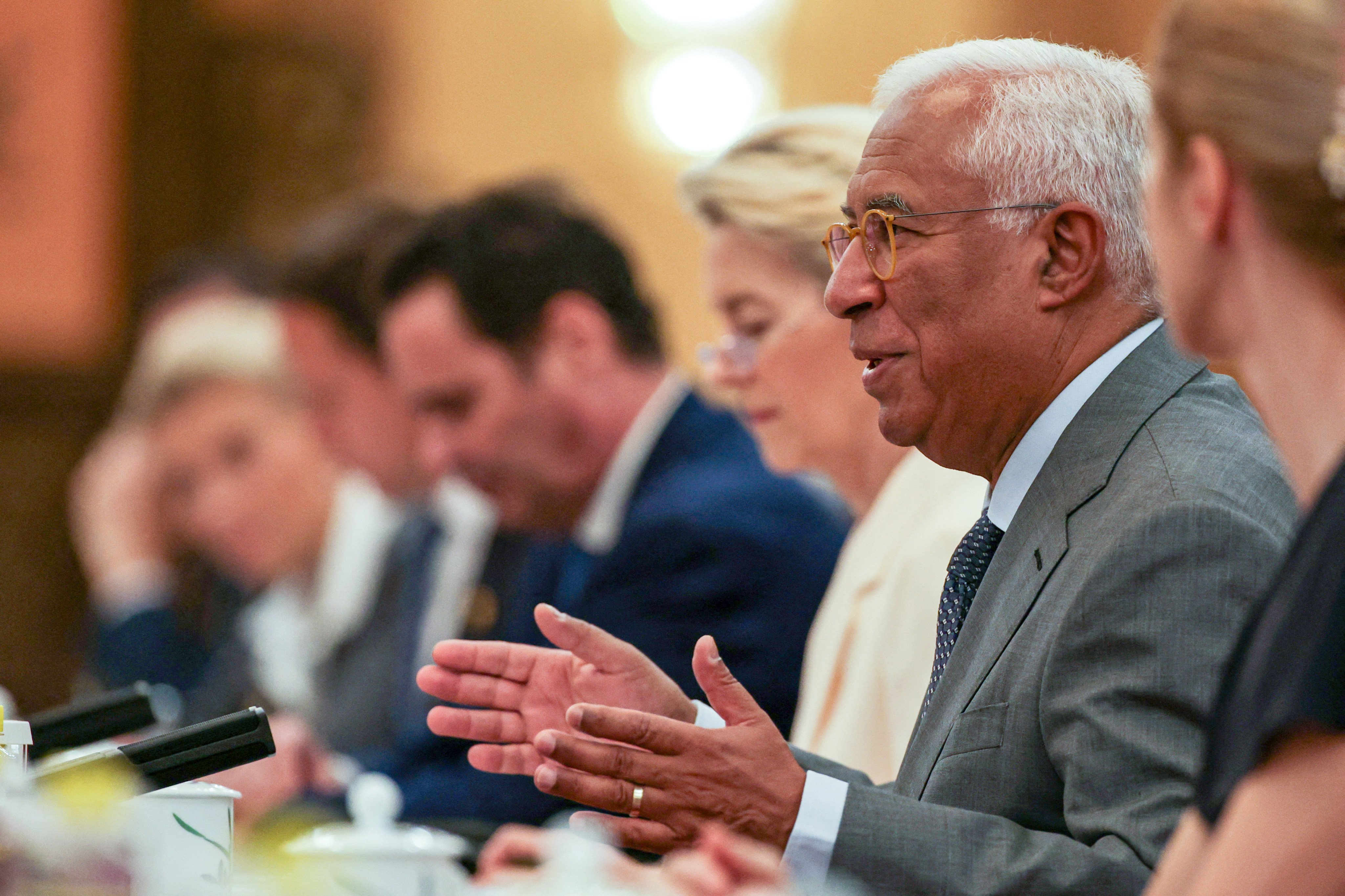 European Council president Antonio Costa gestures during the opening remarks of the 25th China-EU Summit at the Great Hall of the People in Beijing on July 24. Photo: Reuters