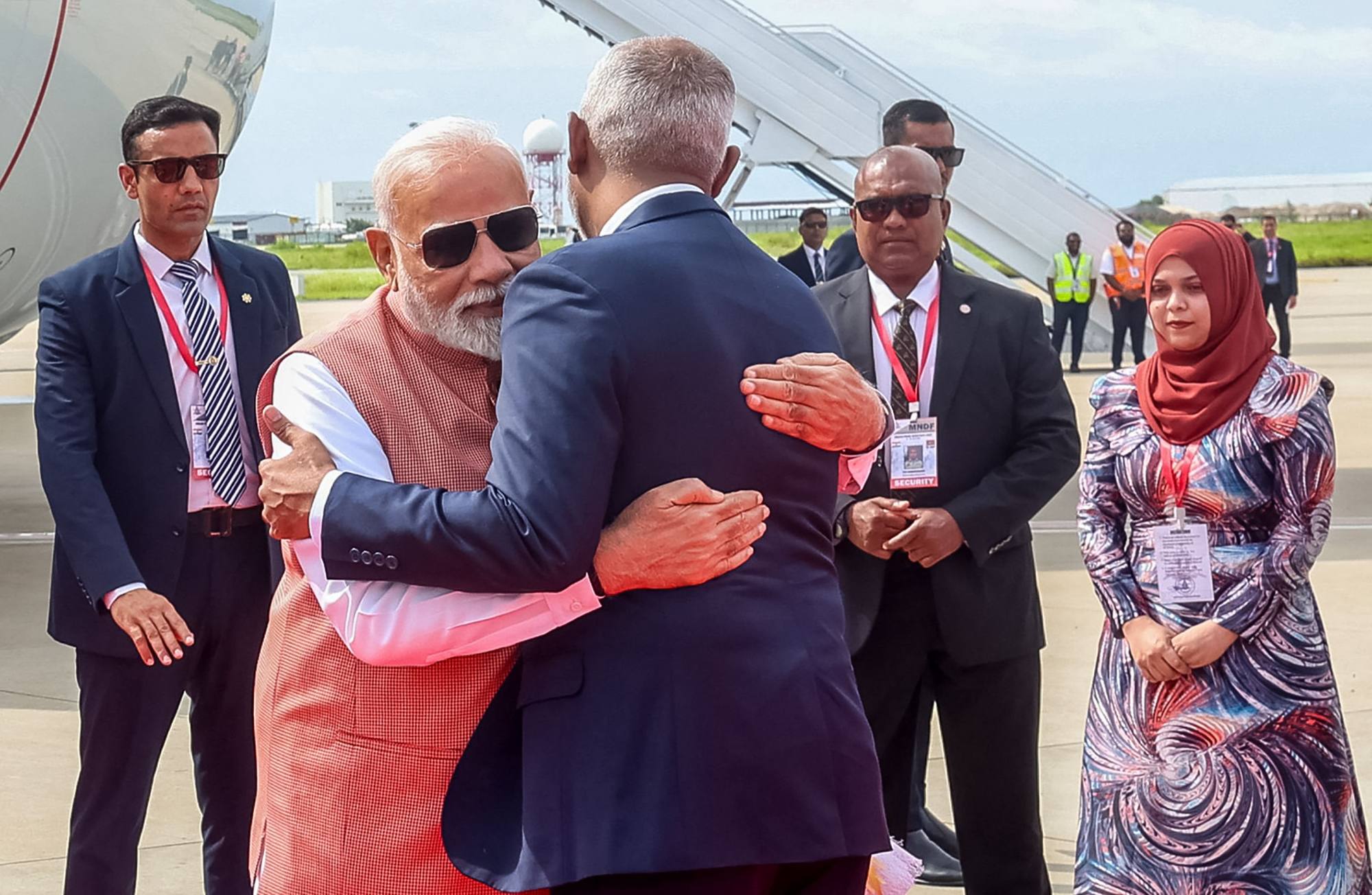 The Maldives’ President Mohamed Muizzu (centre) with India’s Prime Minister Narendra Modi (second from left) on his arrival at the airport in Male on July 24. Photo: Indian Press Information Bureau / AFP The Maldives’ President Mohamed Muizzu (centre) with India’s Prime Minister Narendra Modi (second from left) on his arrival at the airport in Male on July 24. Photo: Indian Press Information Bureau / AFP