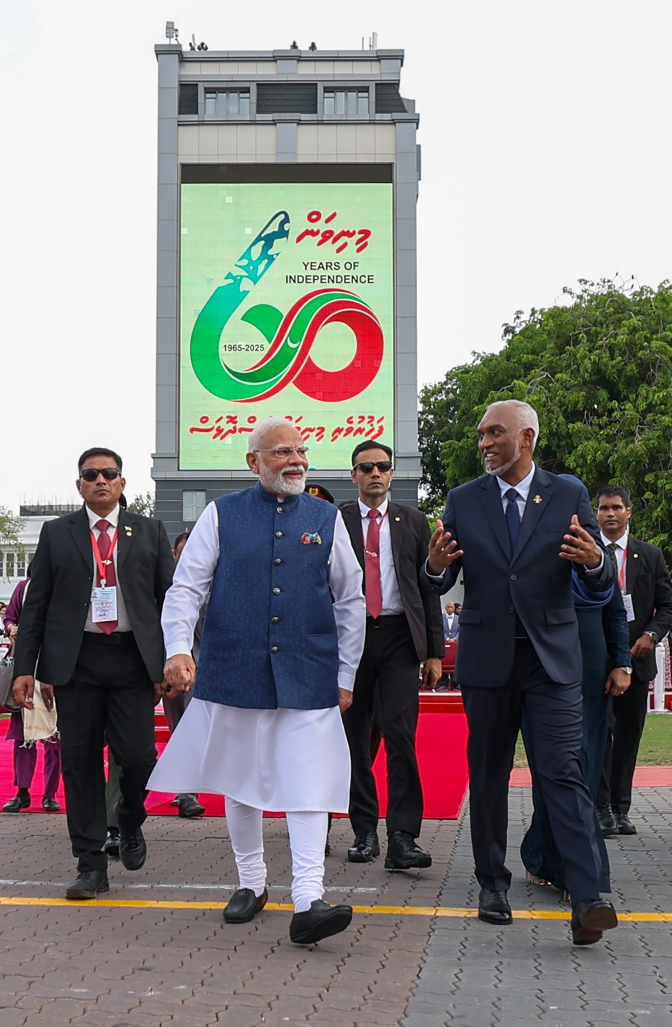 Indian Prime Minister Narendra Modi (second from left) with Maldives President Mohamed Muizzu (right) during the Maldives’ 60th Independence Day celebrations in Male, Maldives on July 26. Photo: EPA/India’s Press Information Bureau