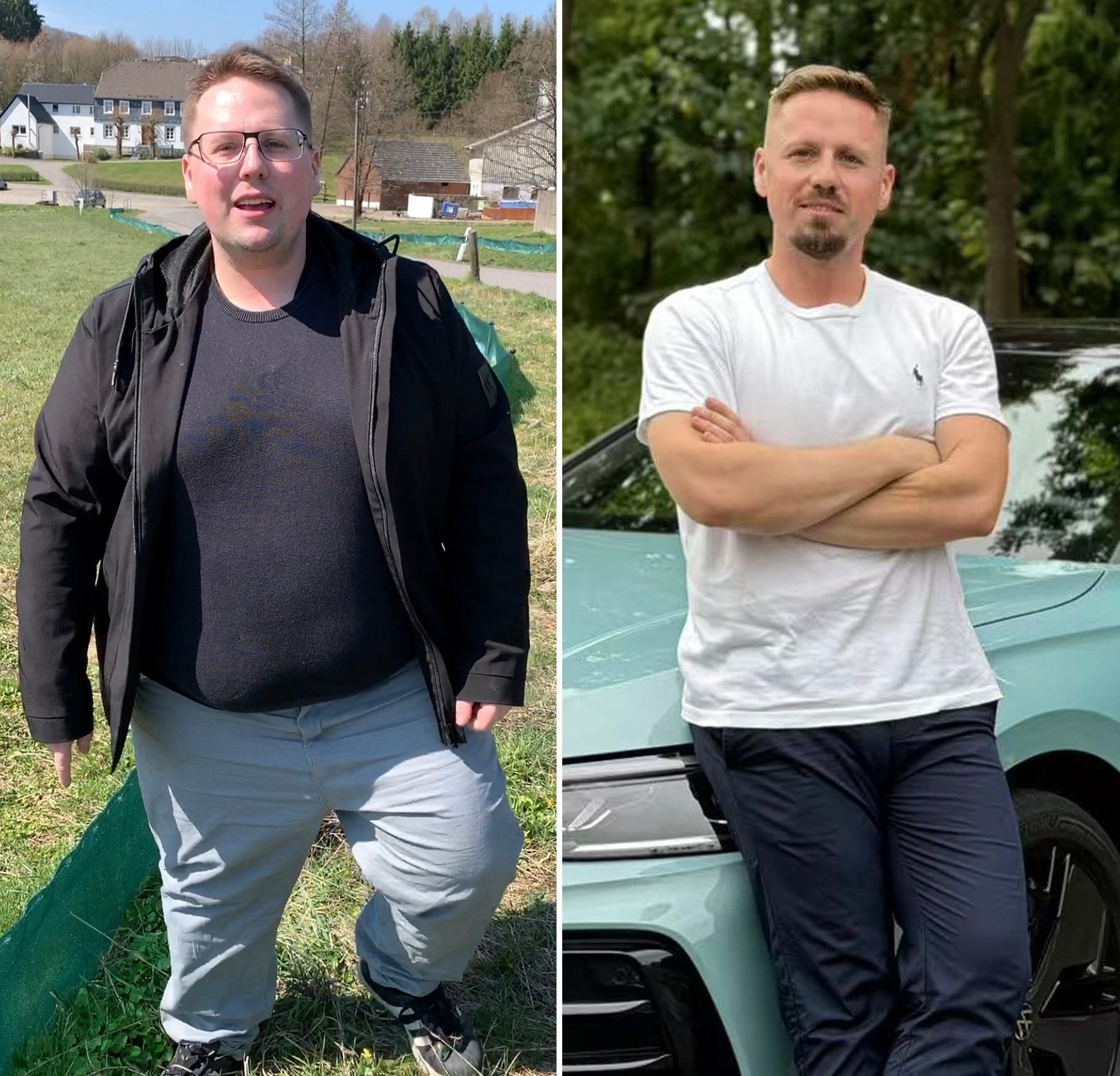 Thomas Derksen at around 140kg before his weight loss in 2019 and at 83kg in 2025. He lost weight by embracing a healthier lifestyle, focusing on balanced meals and regular exercise. Photo: Thomas Derksen