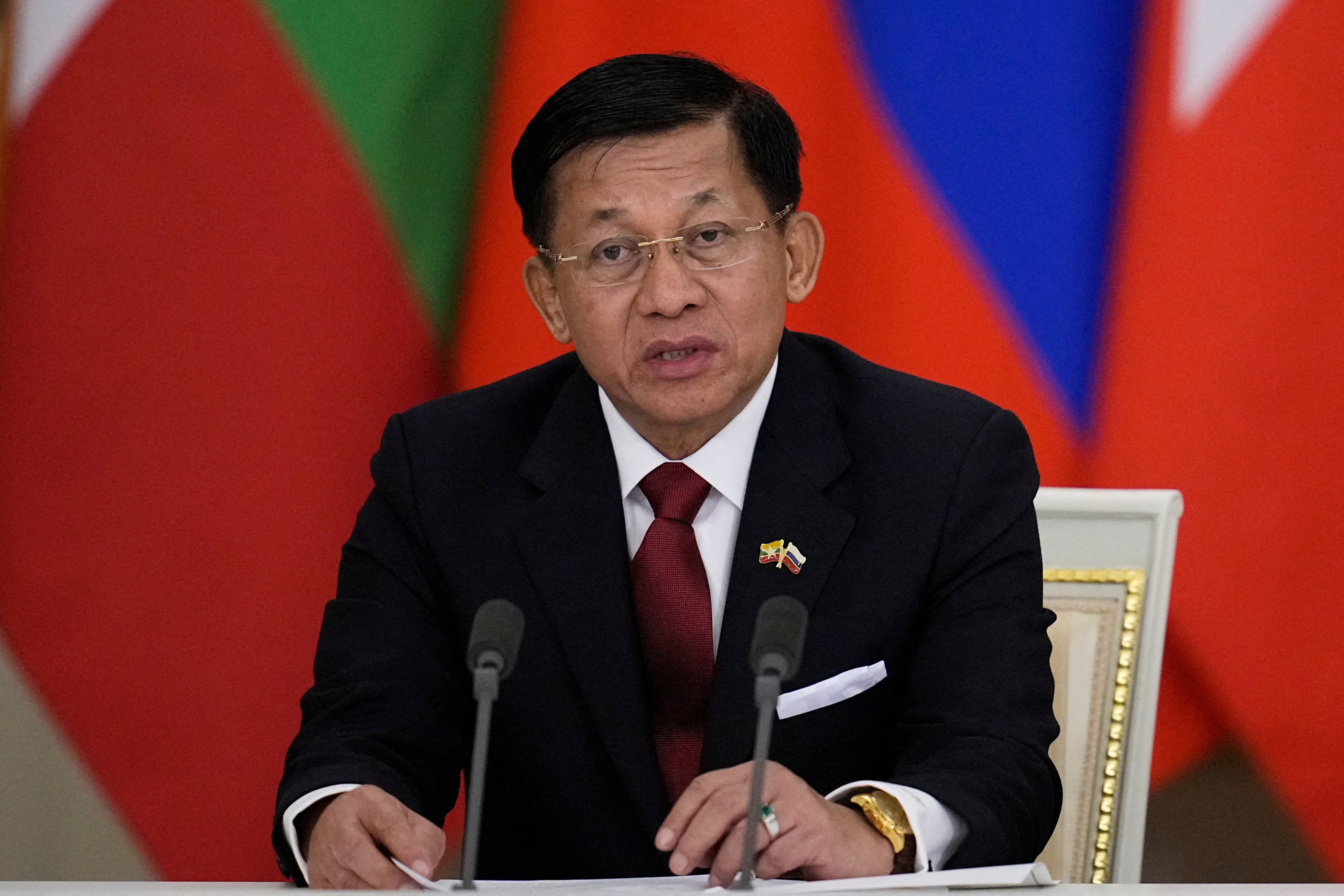 Myanmar junta chief Senior General Min Aung Hlaing attends a press conference following talks with Russia’s President Vladimir Putin in March. Photo: Reuters