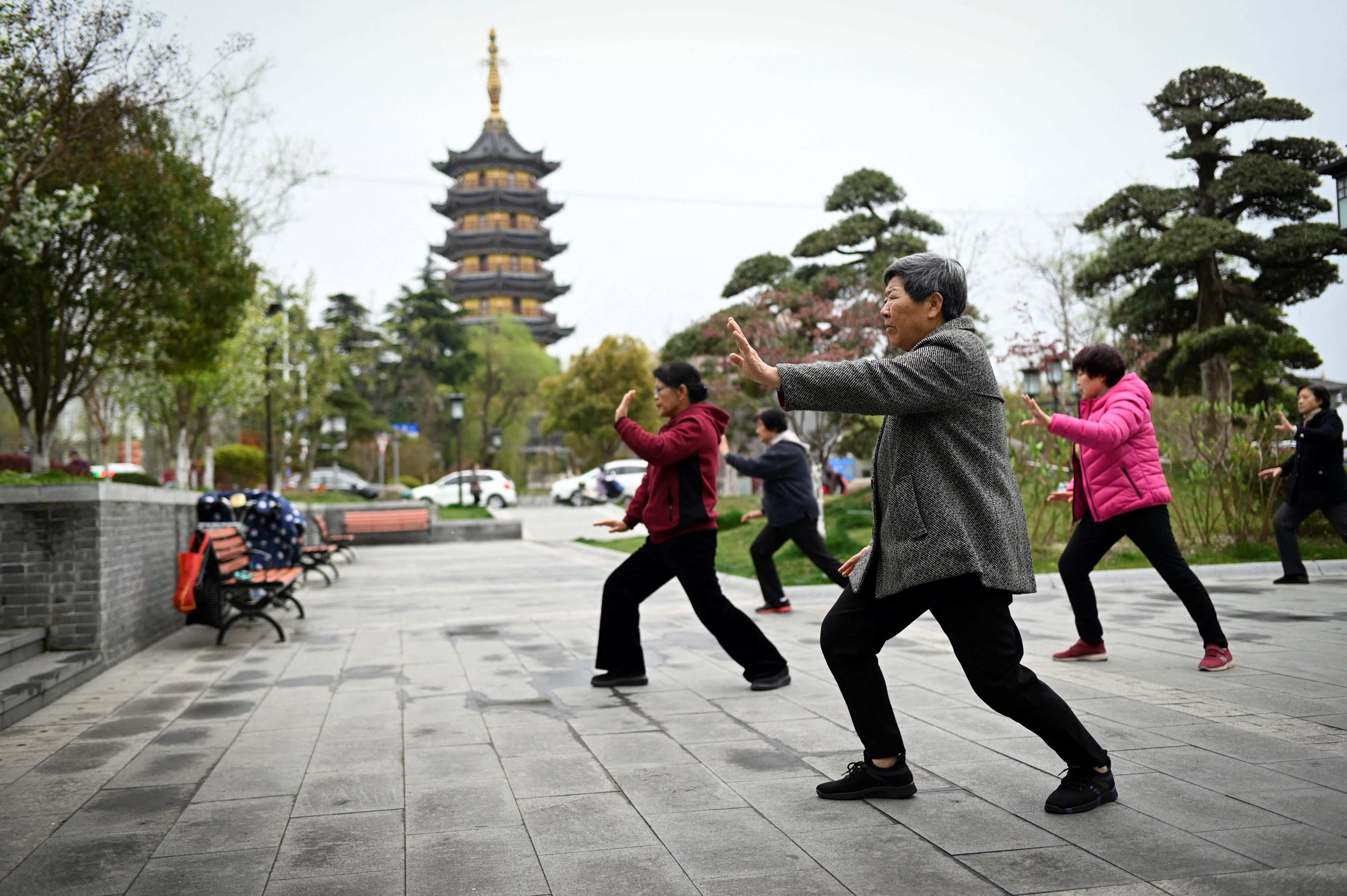 Elderly Chinese practice Tai Chi in Rugao, China’s Jiangsu province, on March 31, 2021. Photo: AFP
