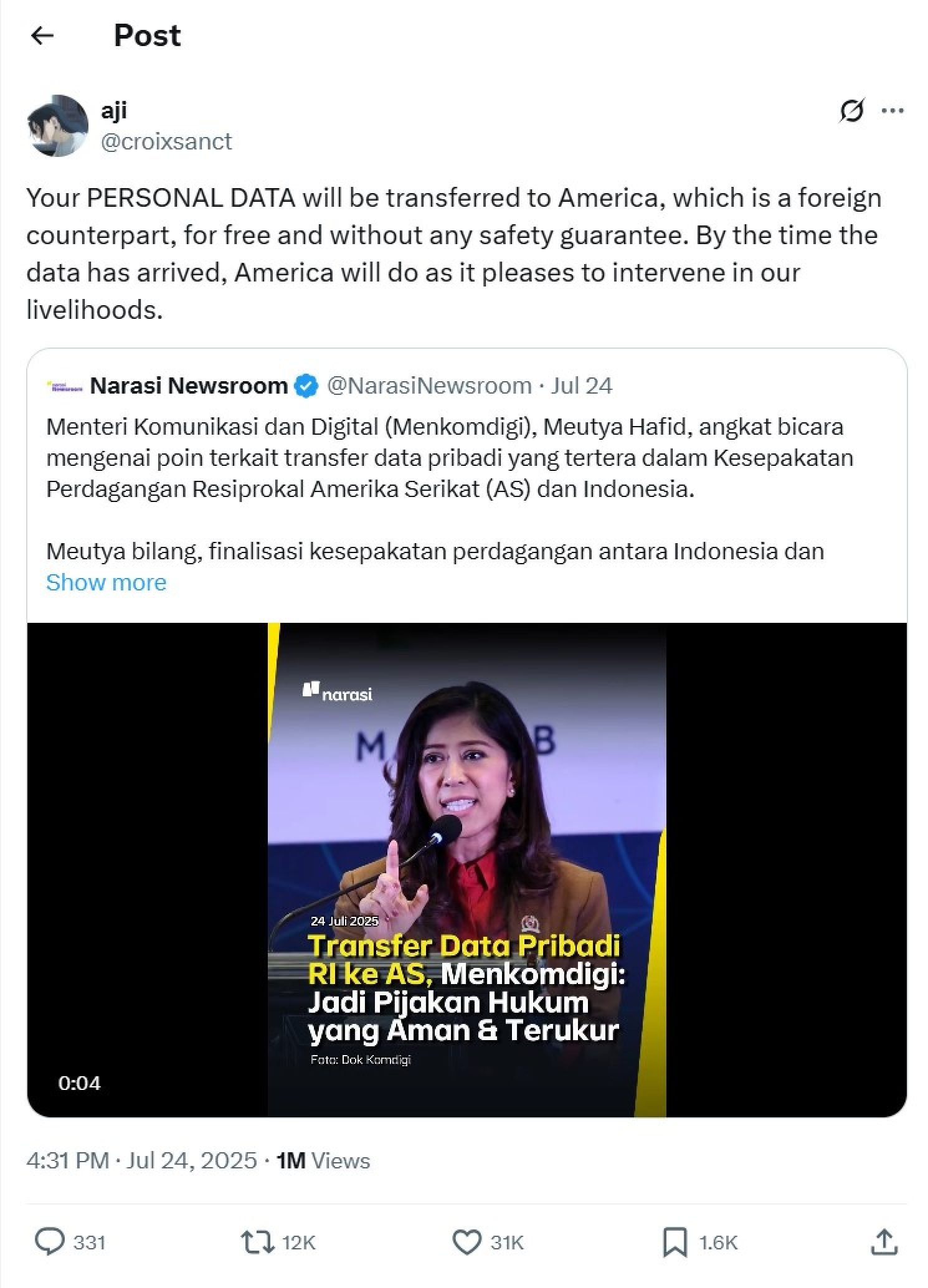 A post on X criticising the transfer of Indonesians to the US under the new trade deal. Photo: X/@croixsanct A post on X criticising the transfer of Indonesians to the US under the new trade deal. Photo: X/@croixsanct