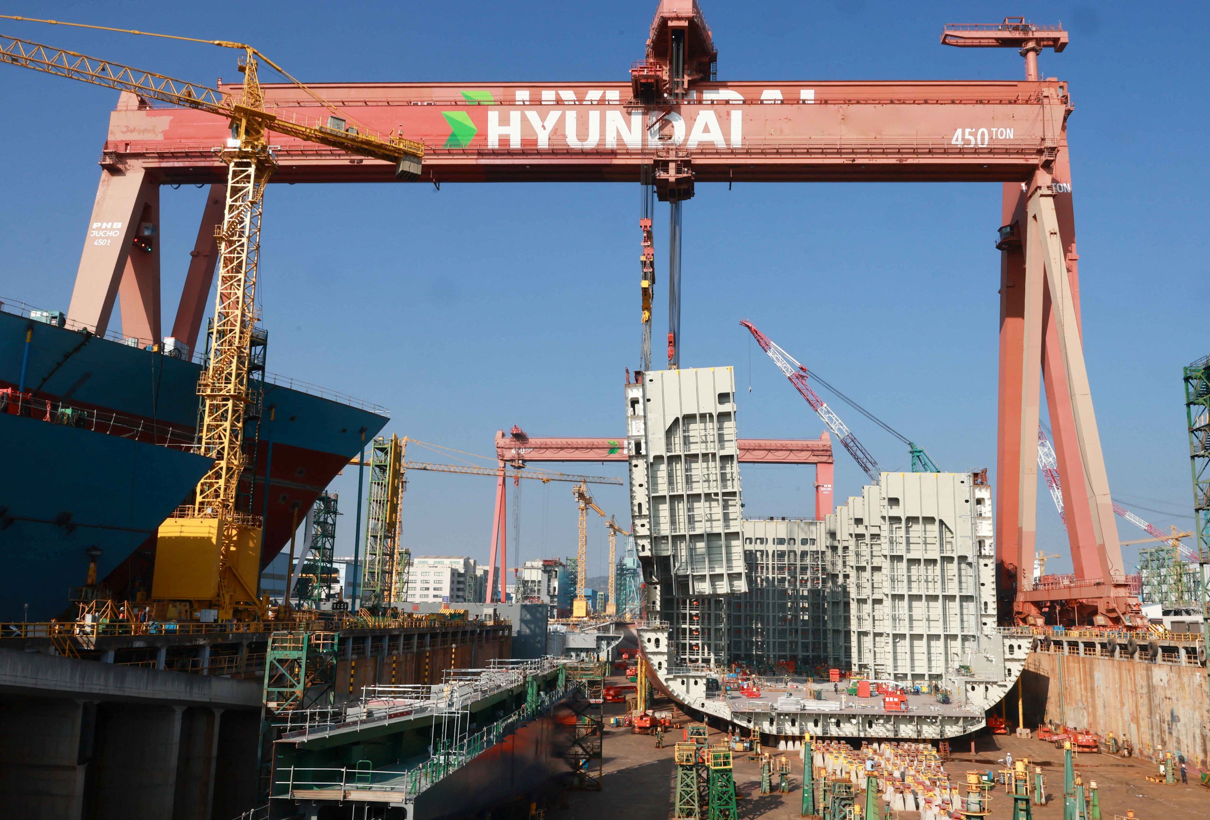 A ship is under construction at the HD Hyundai Heavy Industries Ulsan Shipyard in South Korea. Seoul has pledged US$150 billion to help the United States revive its shipbuilding industry. Photo: Reuters