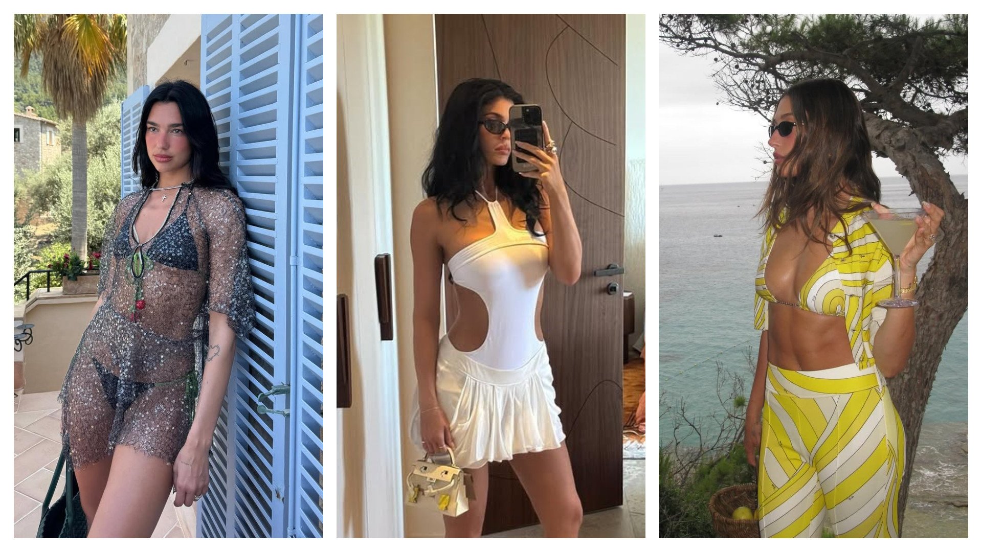 Dua Lipa, Kylie Jenner and Hailey Bieber have all rocked stylish beach looks this summer. Photos: @haileybieber; @kyliejenner; @dualipa/Instagram