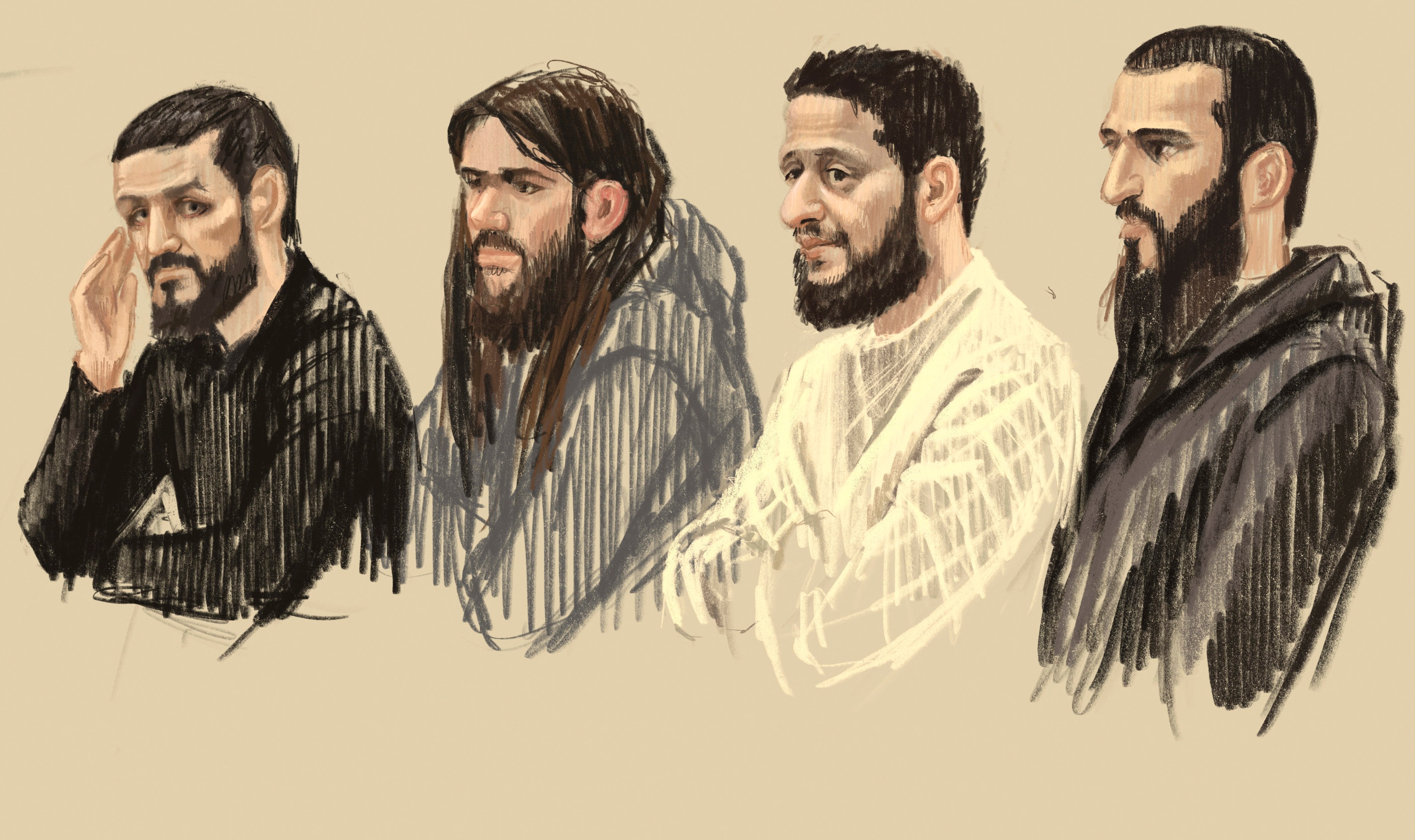 (From left) Defendants Mohamed Abrini, Osama Krayem, Salah Abdeslam and Sofiane Ayari on trial in Brussels in 2022 for the Brussels March 2016 attacks. Photo: via AP