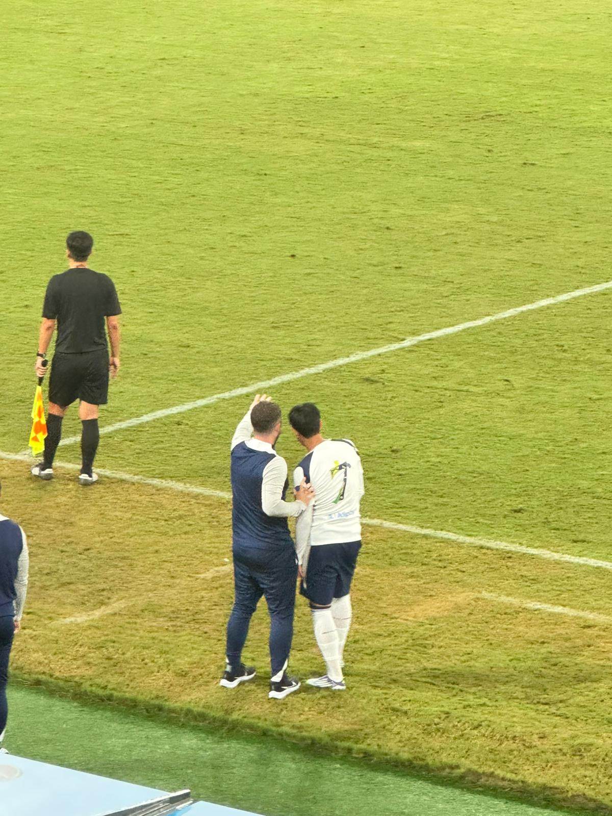 Spurs’ South Korean star Son Heung-min prepares to come on as a substitute against Arsenal at Kai Tak Stadium on Thursday. Photo: Handout