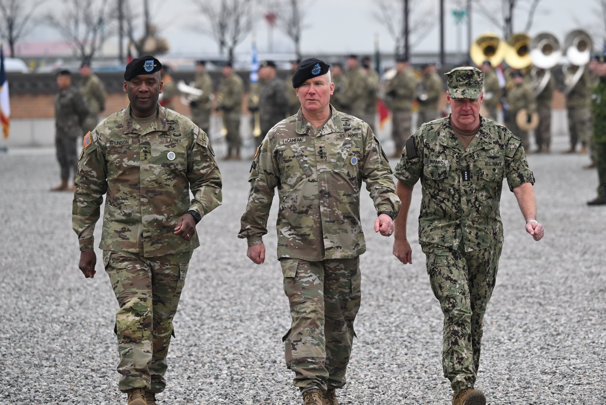 General Xavier Brunson (left) walks with his predecessor as USFK commander, General Paul J. LaCamera (centre) and US Navy Admiral Samuel John Paparo (right) during a change-of-command ceremony at Camp Humphreys in Pyeongtaek, South Korea in December. Photo: EPA-EFE General Xavier Brunson (left) walks with his predecessor as USFK commander, General Paul J. LaCamera (centre) and US Navy Admiral Samuel John Paparo (right) during a change-of-command ceremony at Camp Humphreys in Pyeongtaek, South Korea in December. Photo: EPA-EFE