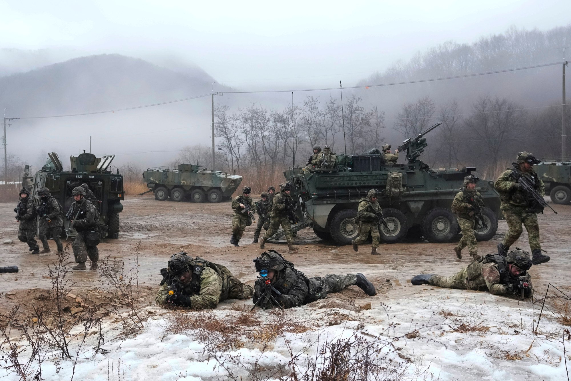 US and South Korean soldiers disembark from armored vehicles during a joint military drill in Paju, South Korea, in 2023. Photo: AP US and South Korean soldiers disembark from armored vehicles during a joint military drill in Paju, South Korea, in 2023. Photo: AP
