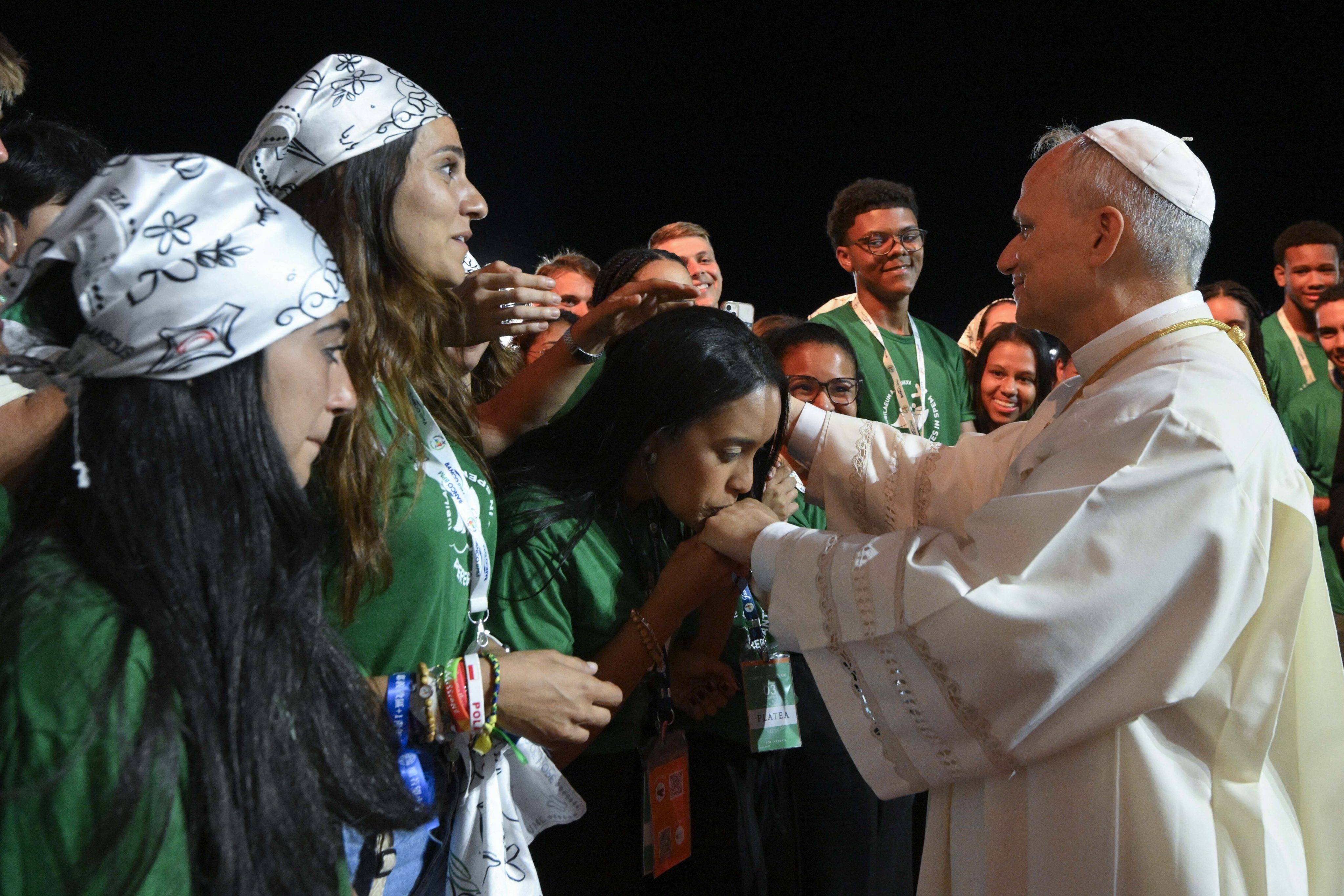 Pope Leo XIV greets worshippers at a prayer vigil during the Jubilee of Youth at the Tor Vergata field in Rome on Saturday. Photo: Vatican Media/AP