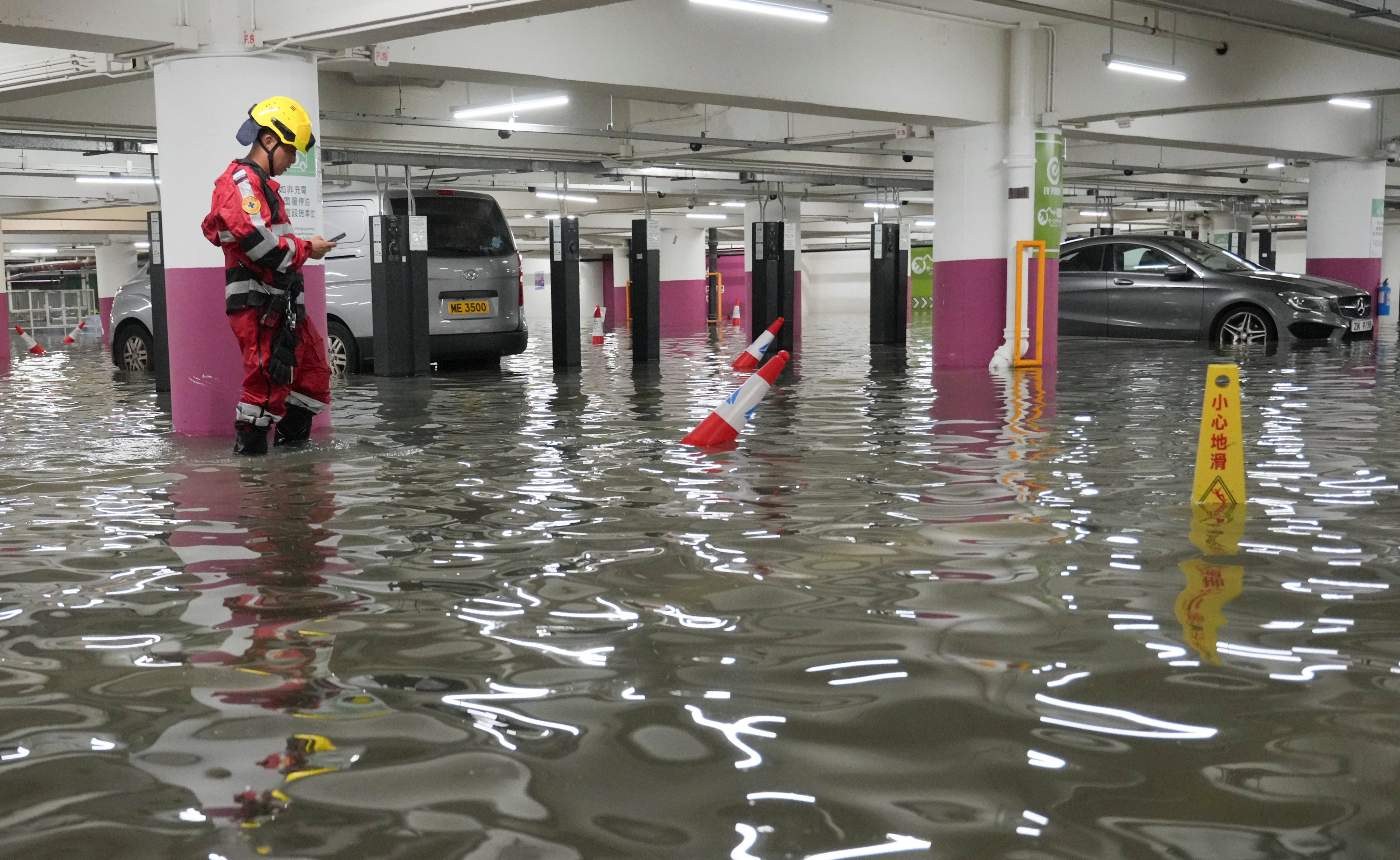 A carpark at Wan Tsui Estate in Chai Wan was submerged in rainwater in July. Photo: May Tse