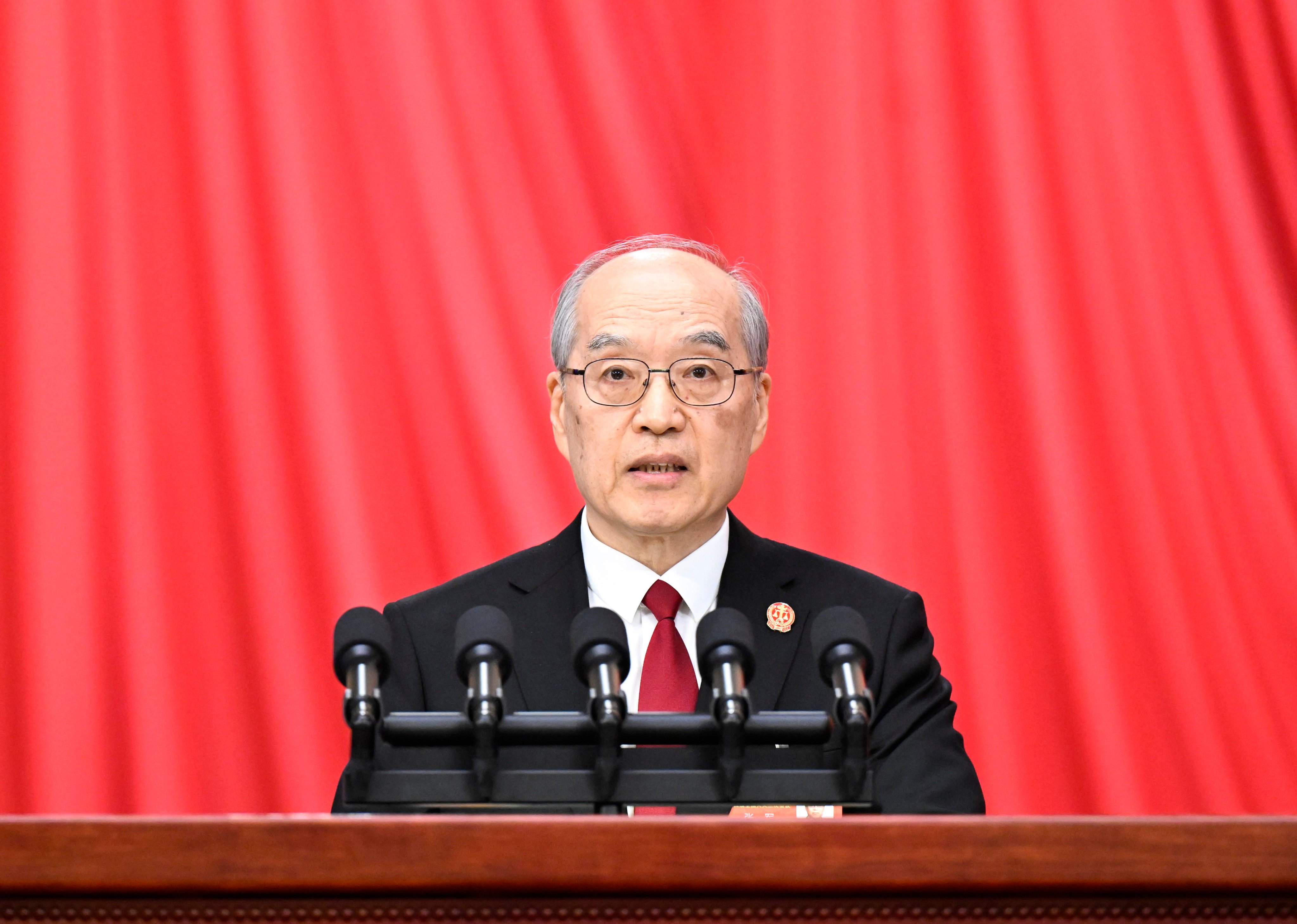 Zhang Jun, president of the Supreme People’s Court, delivering a work report at the Great Hall of the People in Beijing on March 8. Photo: Xinhua
