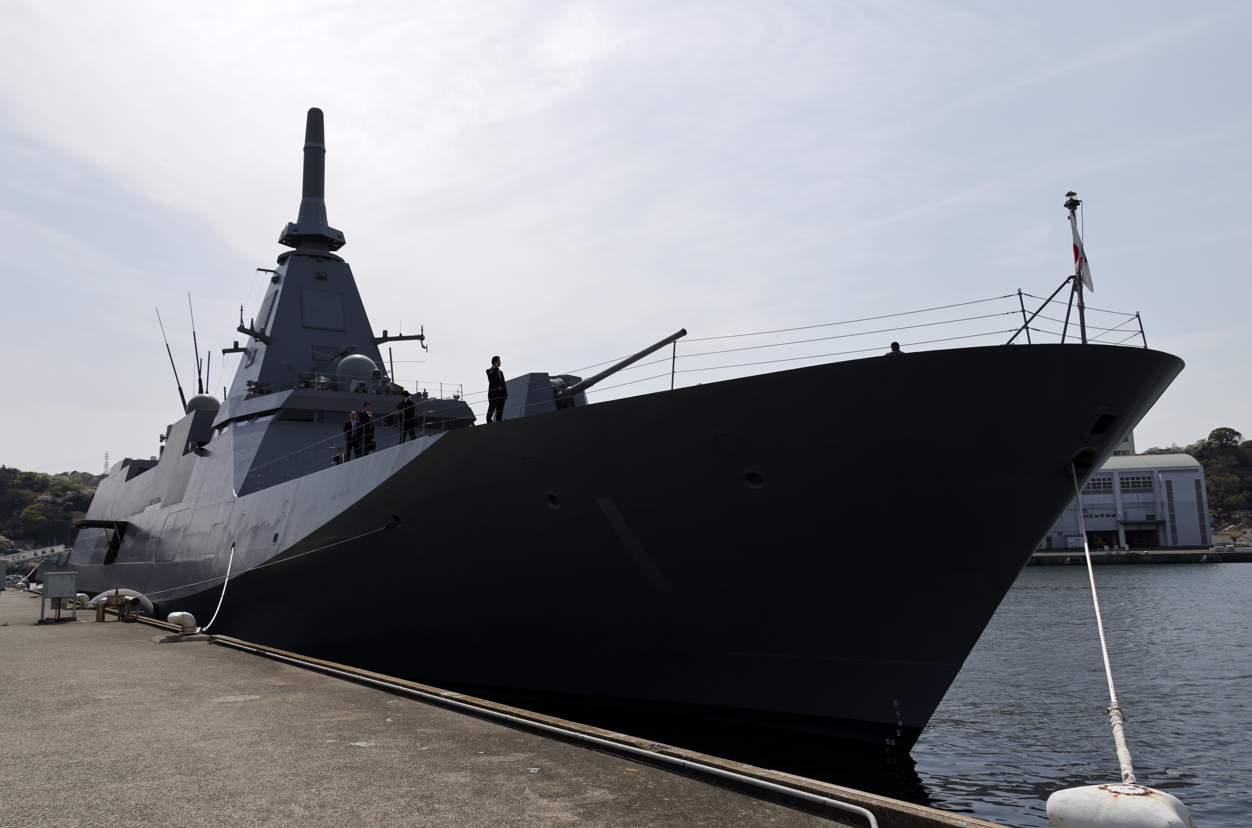 A Japan Maritime Self-Defence Force Mogami stealth frigate docks at Yokosuka Base on April 8. Australia will buy 11 of these warships from Japan. Photo: EPA-EFE