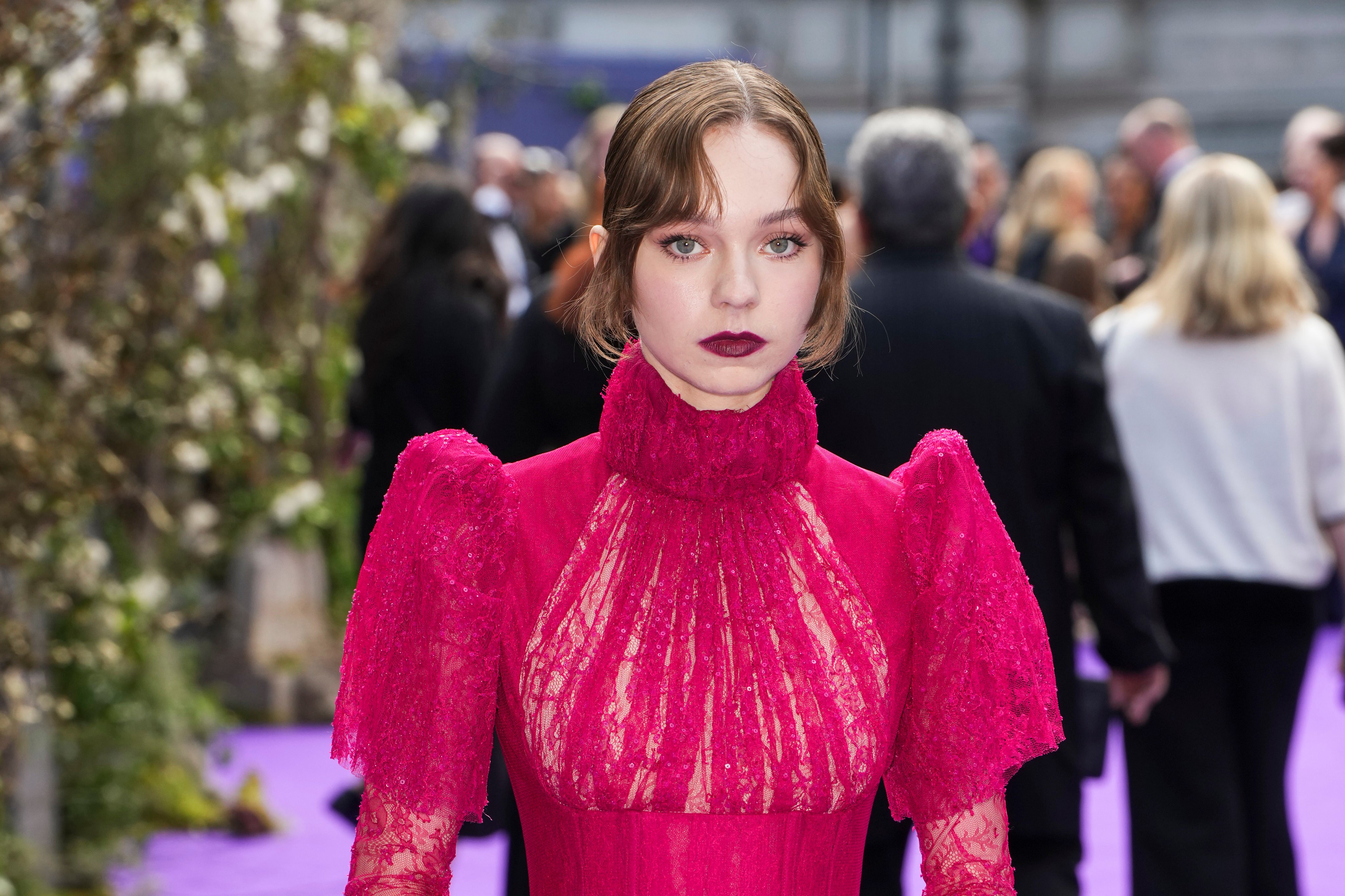 Emma Myers channelling gothic chic at the London premiere of the second season of Netflix’s Wednesday on July 30. Photo: AP