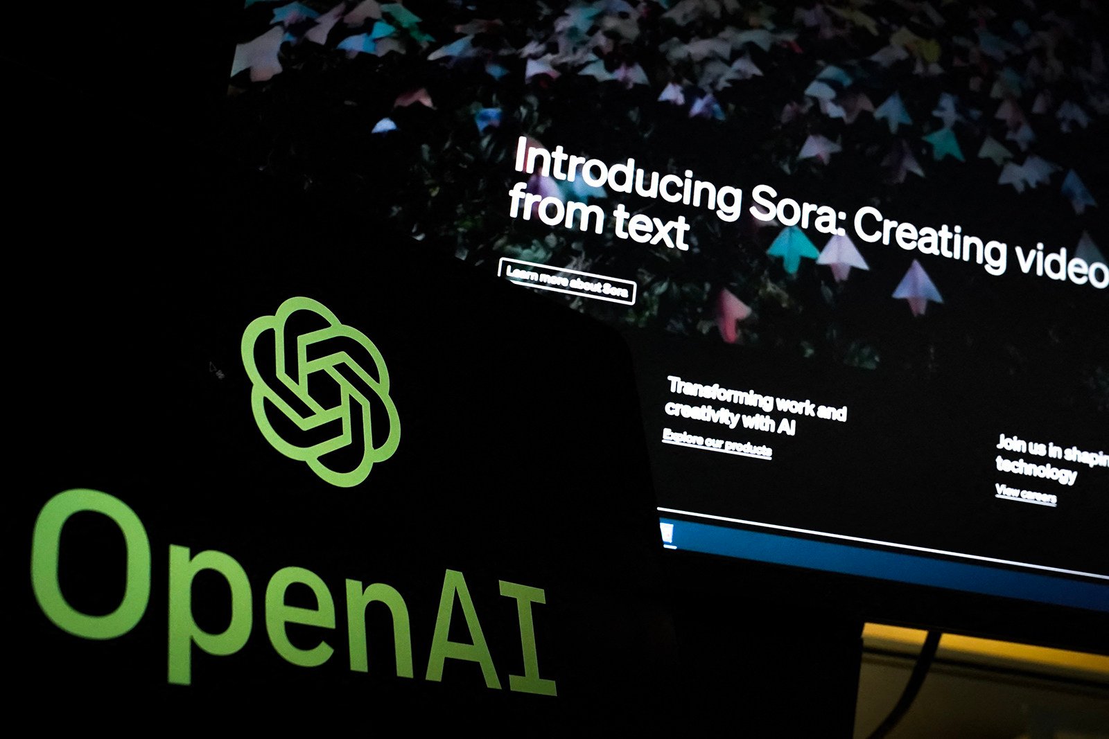 In this photo illustration taken February 16, 2024, OpenAI’s text-to-video tool Sora is advertised on its website. Photo: AFP via Getty Images/TNS
