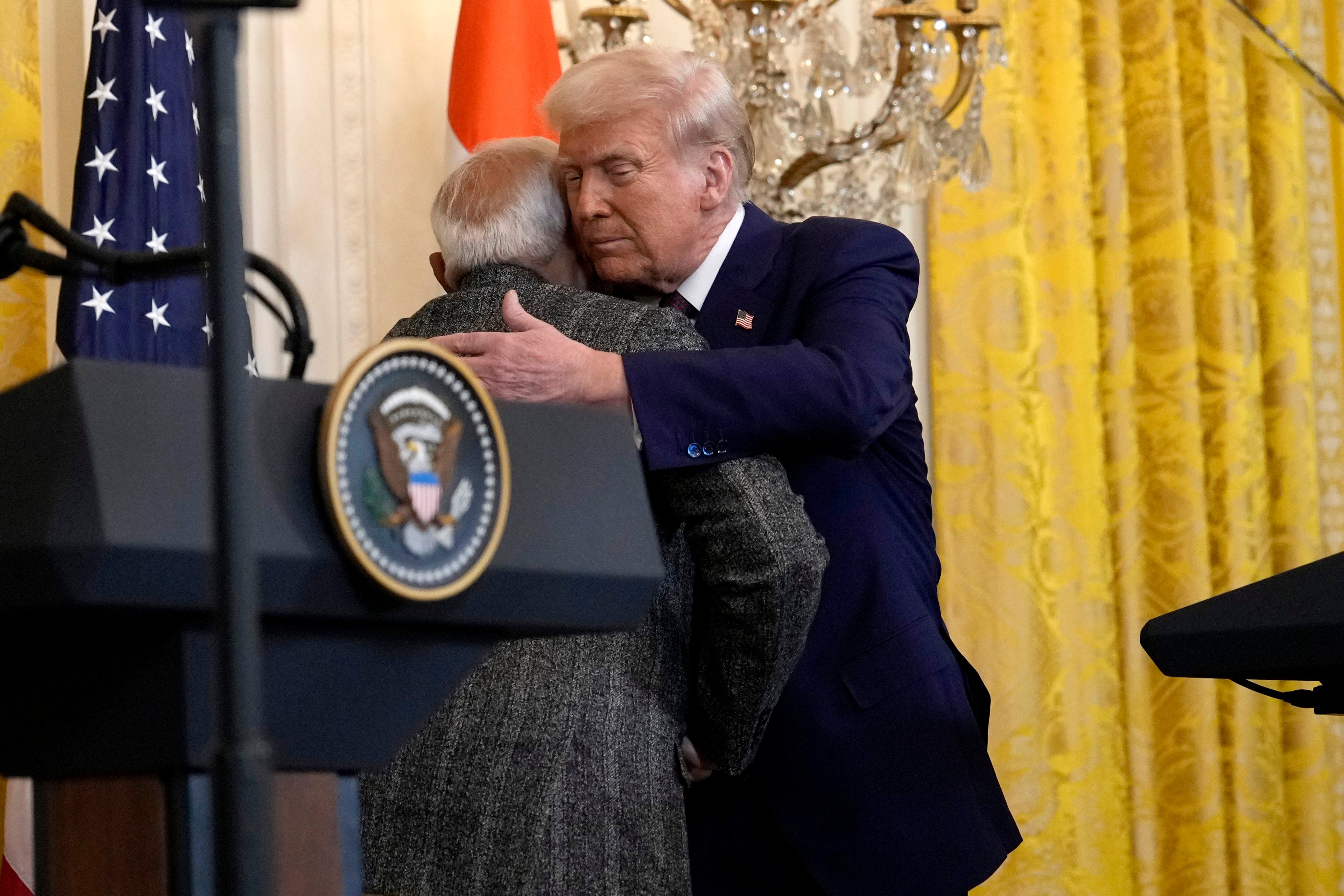 US President Donald Trump, right, hugs Indian Prime Minister Narendra Modi during a White House news conference in February. Photo: AP