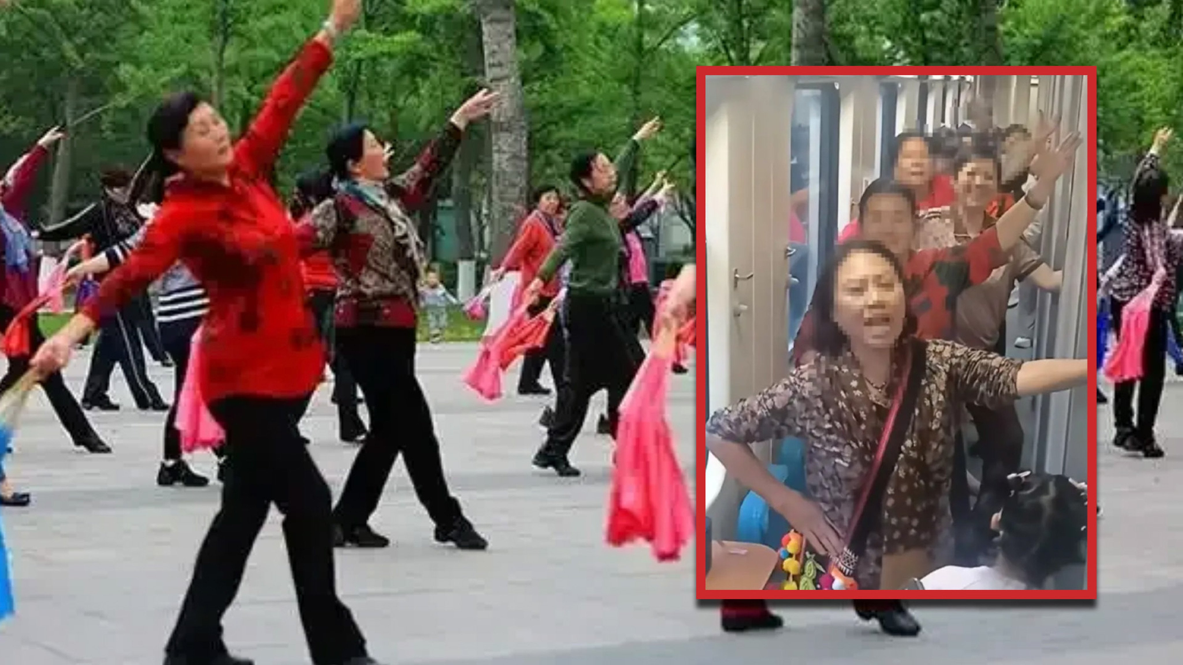 A group of Chinese women has shocked train passengers by square dancing in the aisles. Photo: SCMP composite/RedNote/Douyin