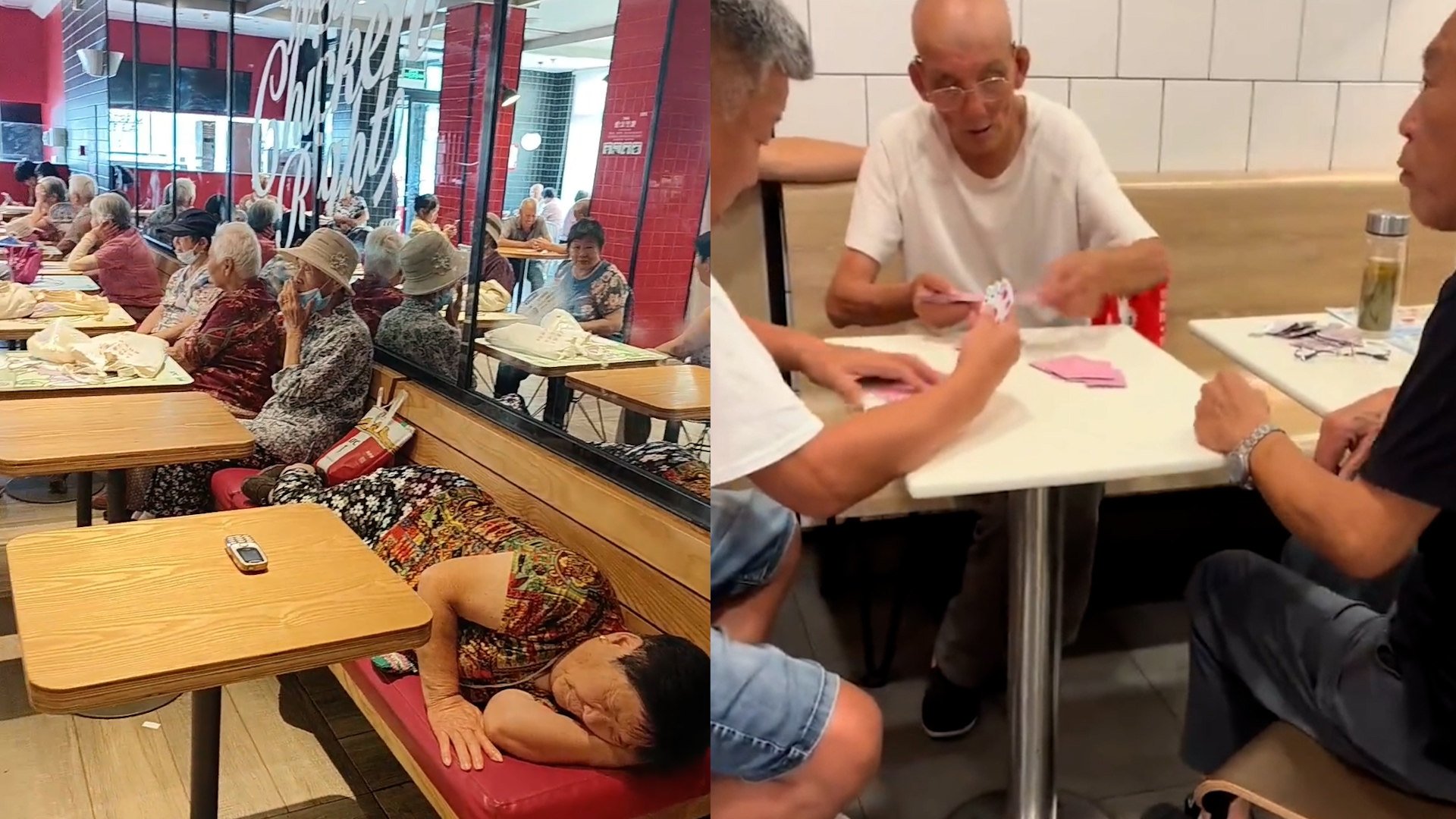 Elderly Chinese gathering in fast-food restaurants in places such as Shanghai and Shandong have been criticised online for not ordering anything while occupying seats. Photo: SCMP Composite