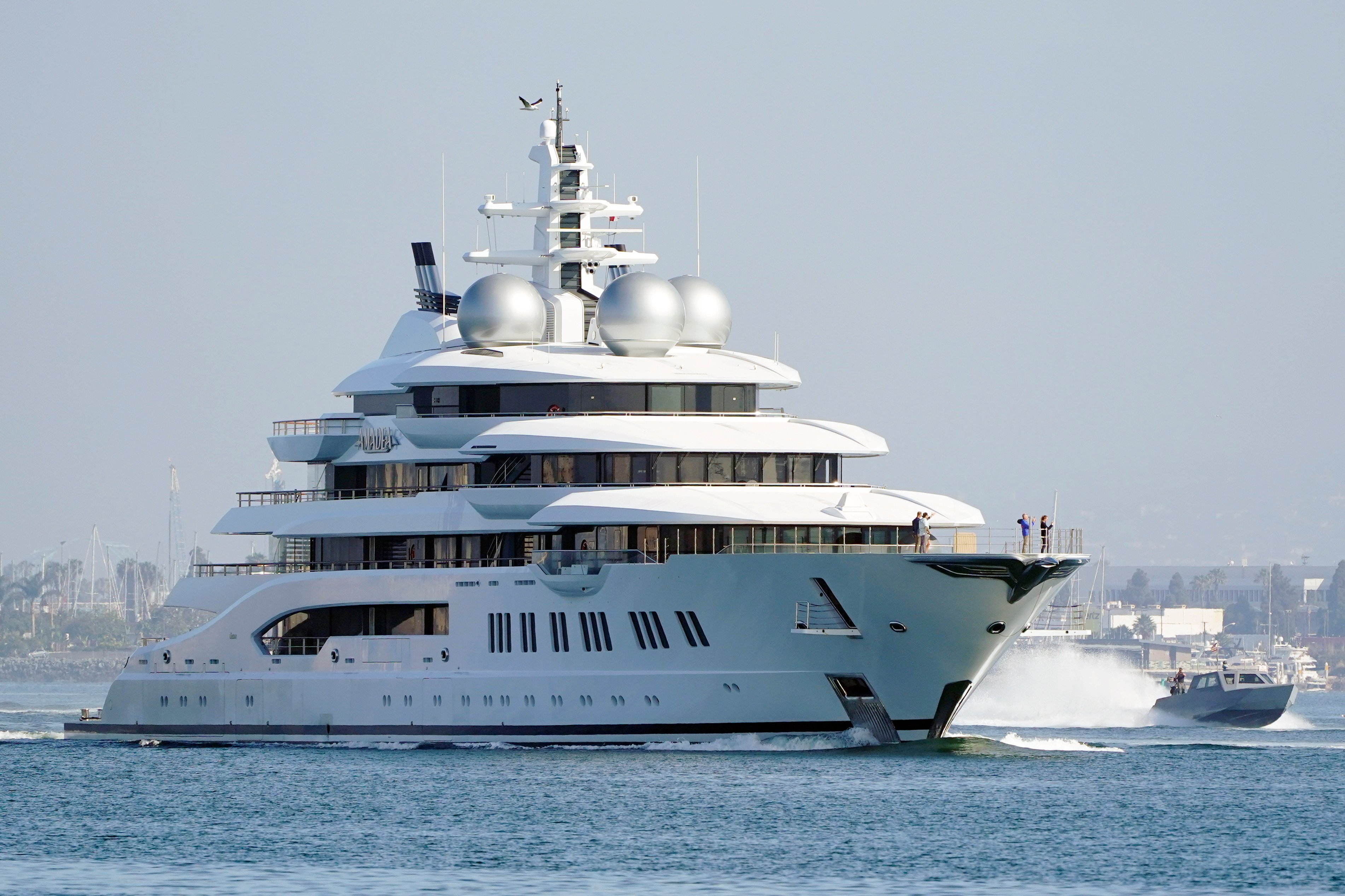 The superyacht Amadea sails into the San Diego Bay in June 2022. Photo: AP