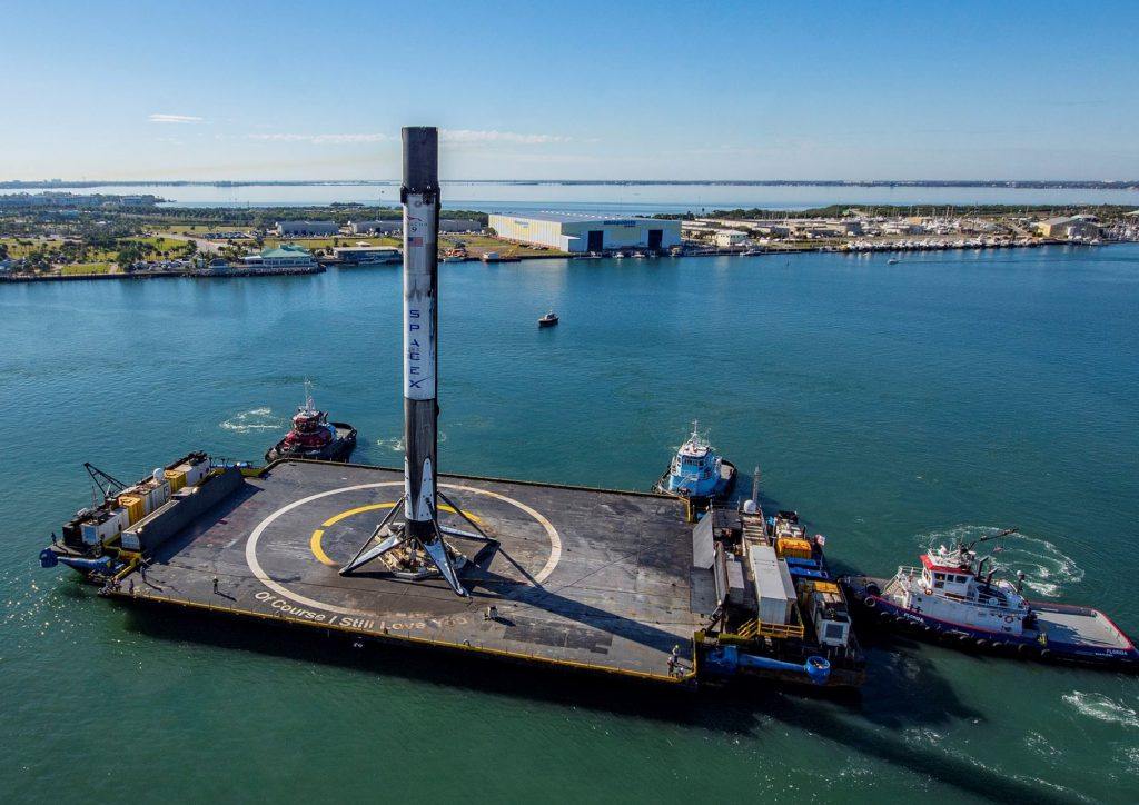 A SpaceX drone ship carrying a Falcon 9 booster berths at Port Canaveral. China has now launched a similar system as it strives to pivot to using reusable rockets. Photo: SpaceX