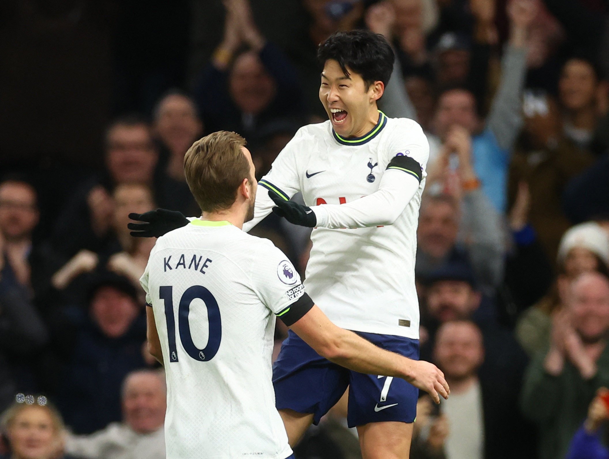 Tottenham Hotspur’s Son Heung-min celebrates his goal against West Ham United in 2023 with Harry Kane. Photo: Reuters