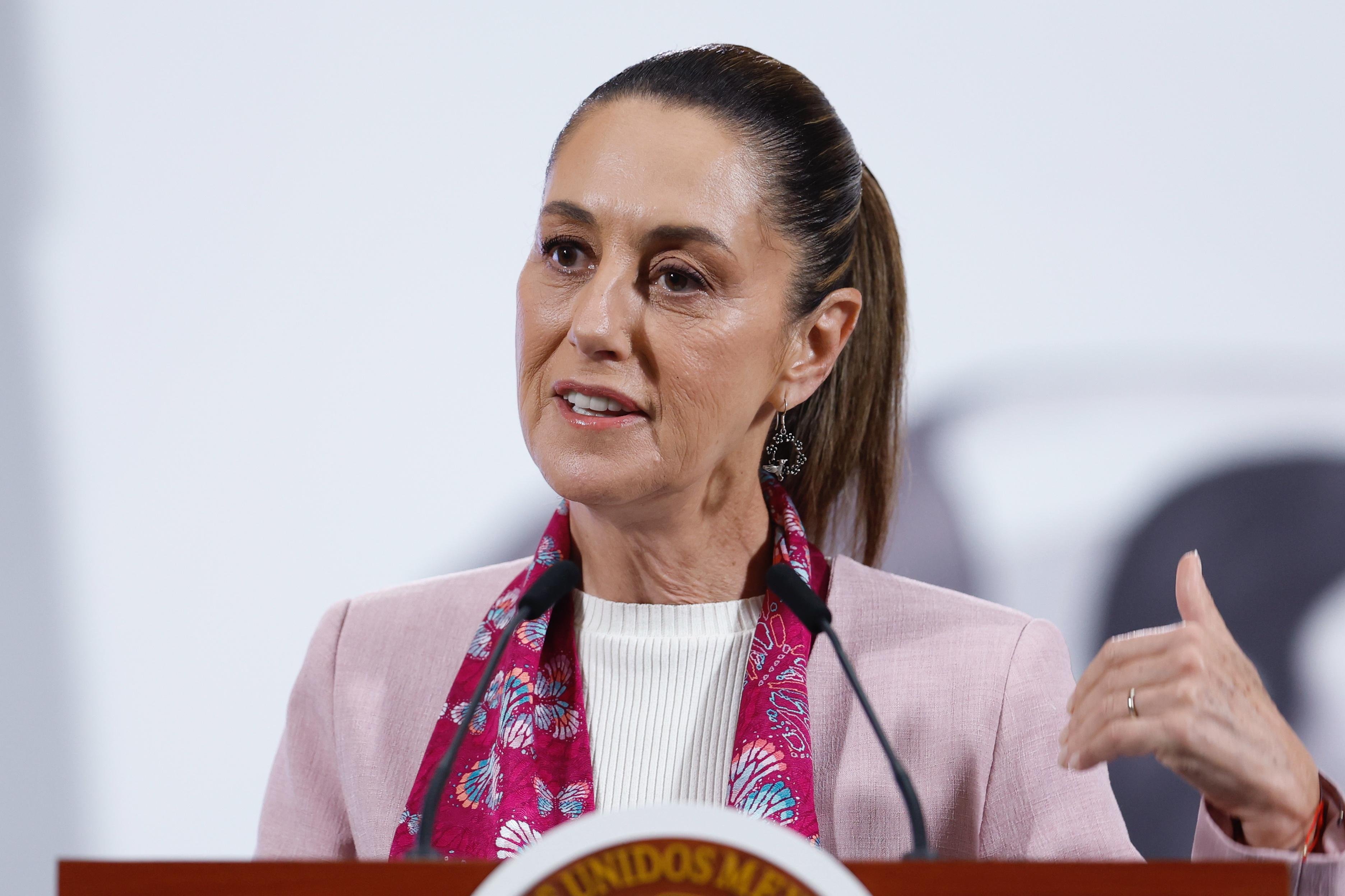 Mexico’s President Claudia Sheinbaum speaks during her daily press conference at the National Palace in Mexico City on Thursday. Photo: EPA