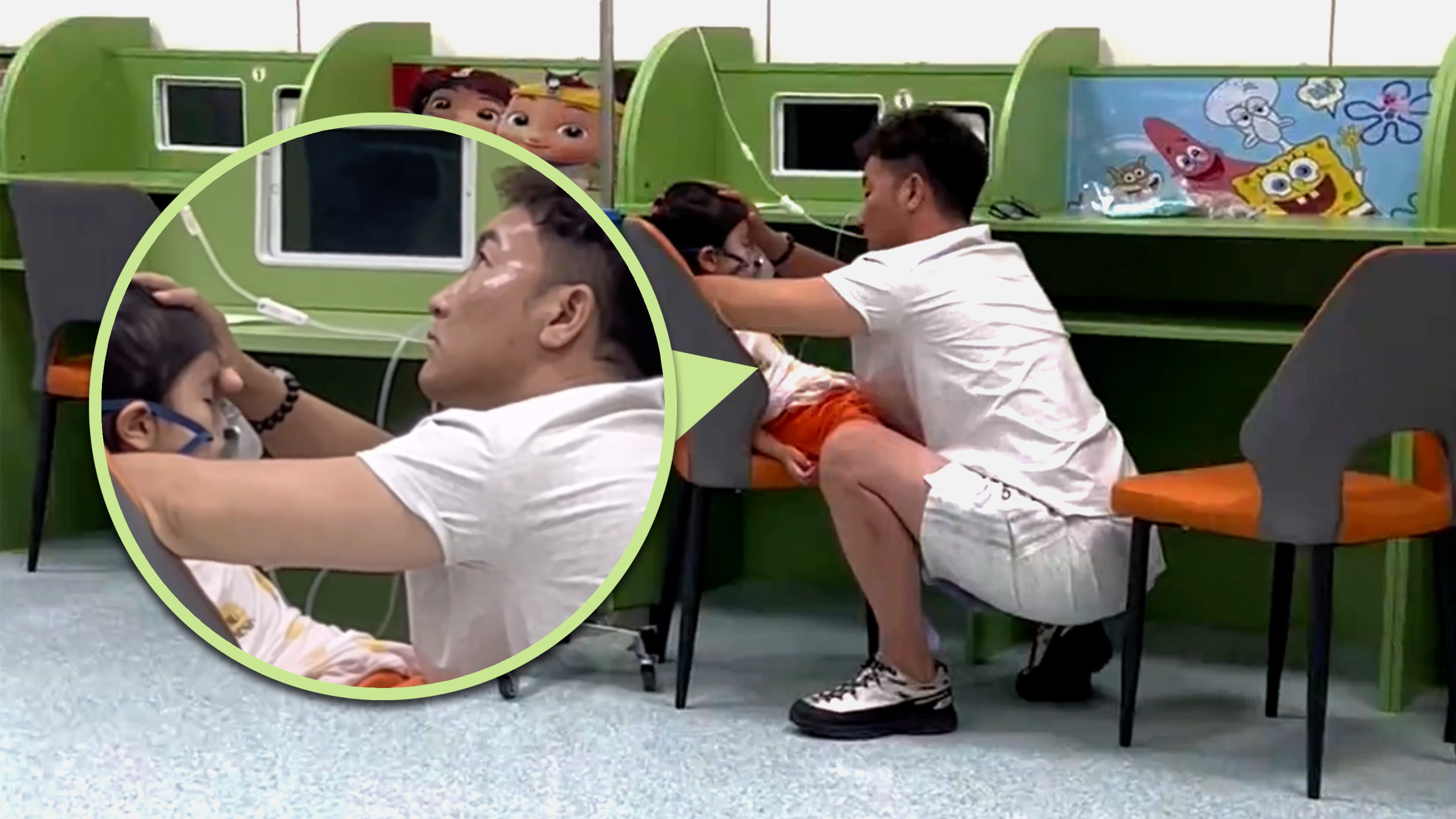 In a touching hospital moment, a father in China put an IV tube in his mouth to warm his daughter during treatment. Photo: SCMP composite/Douyin