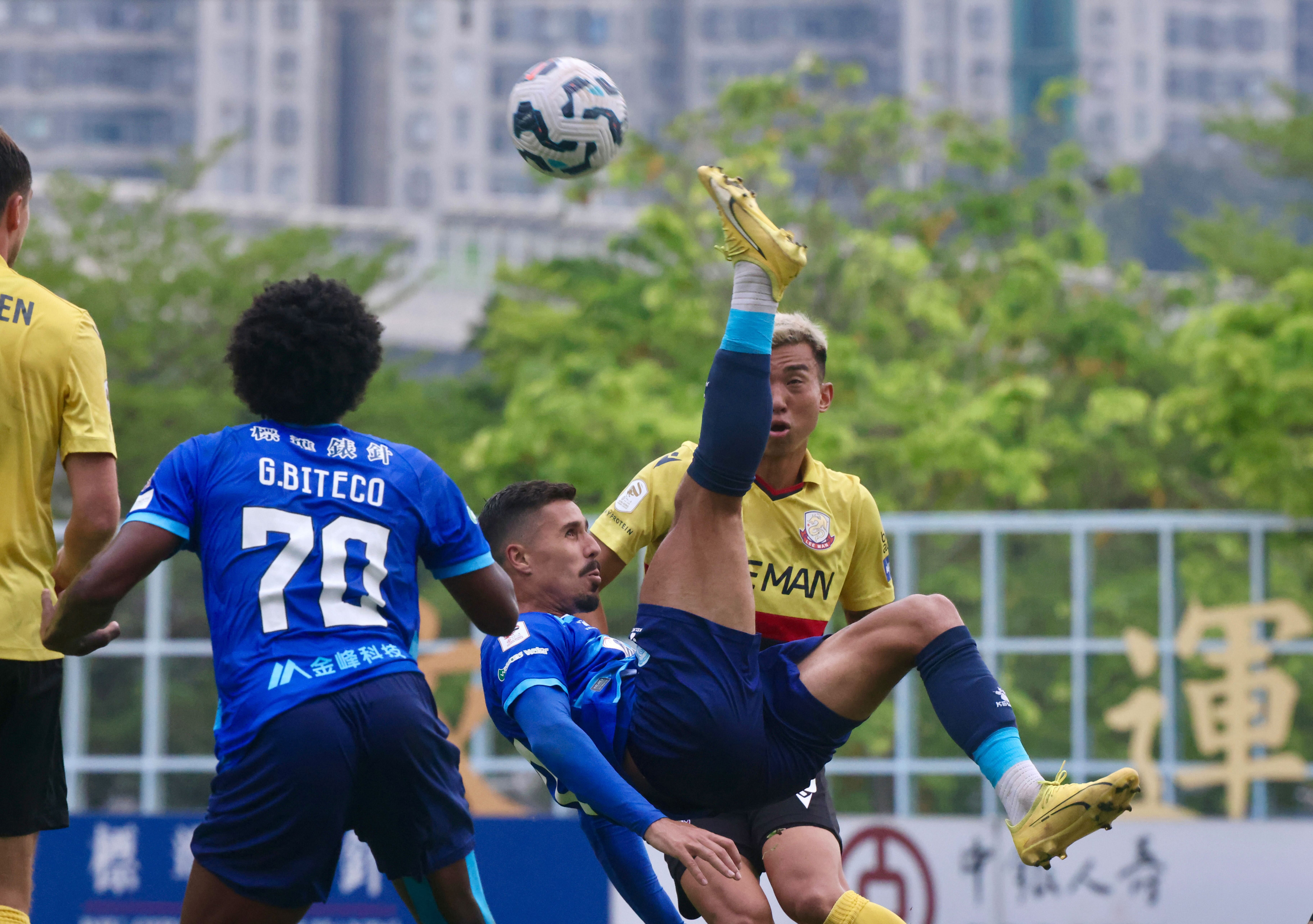 Luizinho attempts an acrobatic effort for BC Rangers against Lee Man. Photo: Jonathan Wong