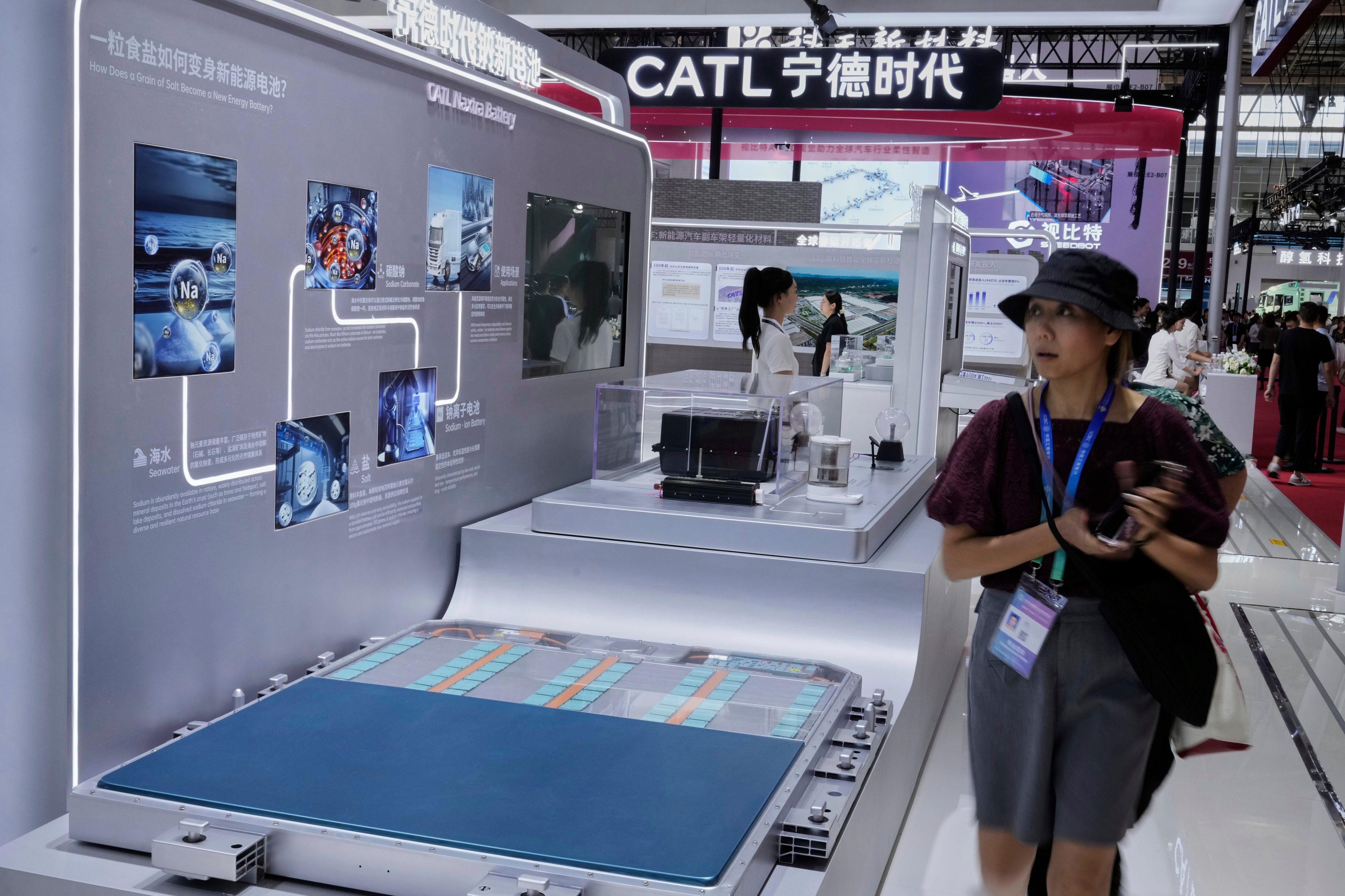 CATL’s Naxtra battery is seen at the company’s booth at the China International Supply Chain Expo, in Beijing, on July 18. Photo: AP
