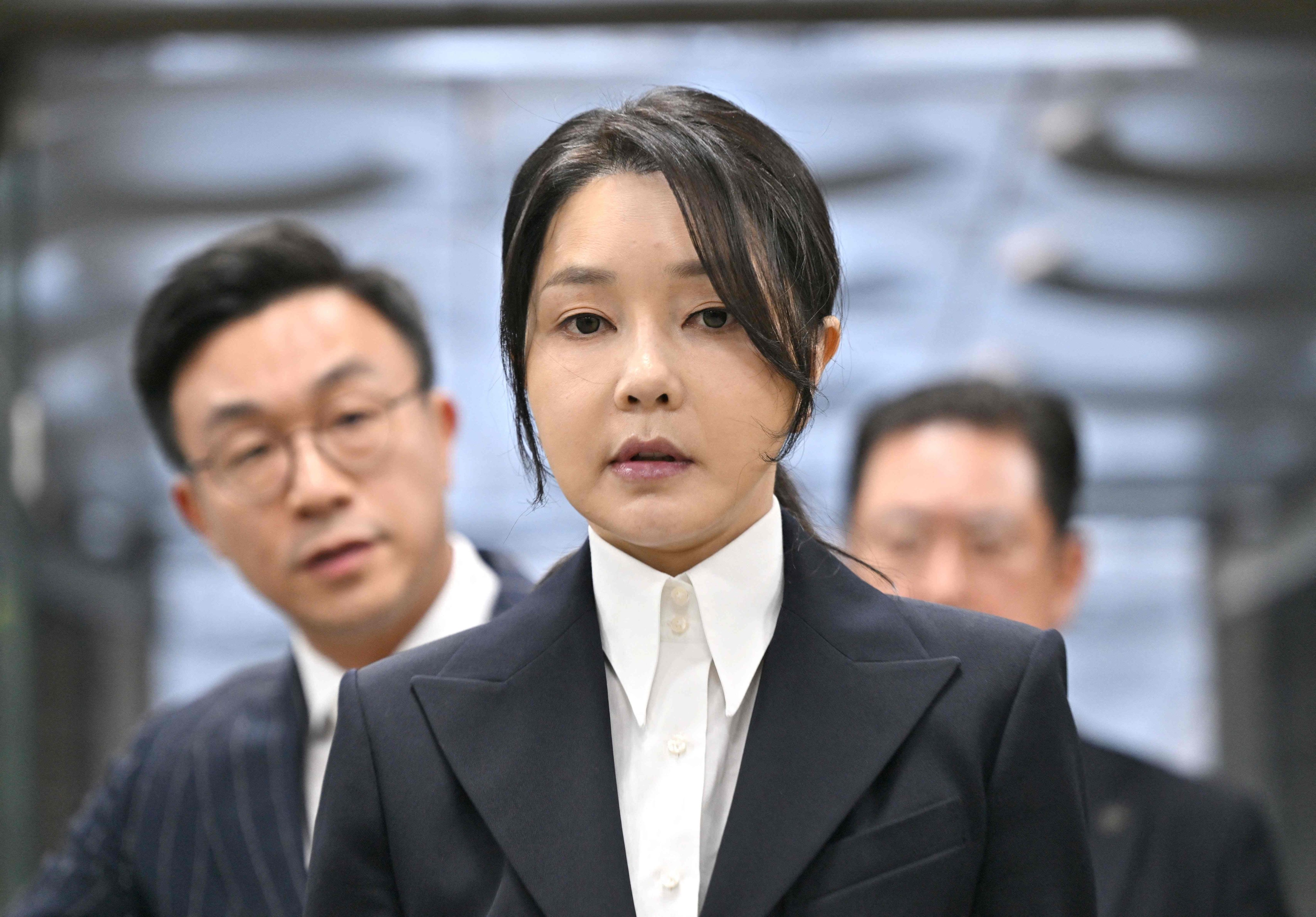 South Korea’s former first lady Kim Keon-hee arrives at the Seoul Central District Court on Tuesday to attend a hearing reviewing her arrest warrant. Photo: AFP