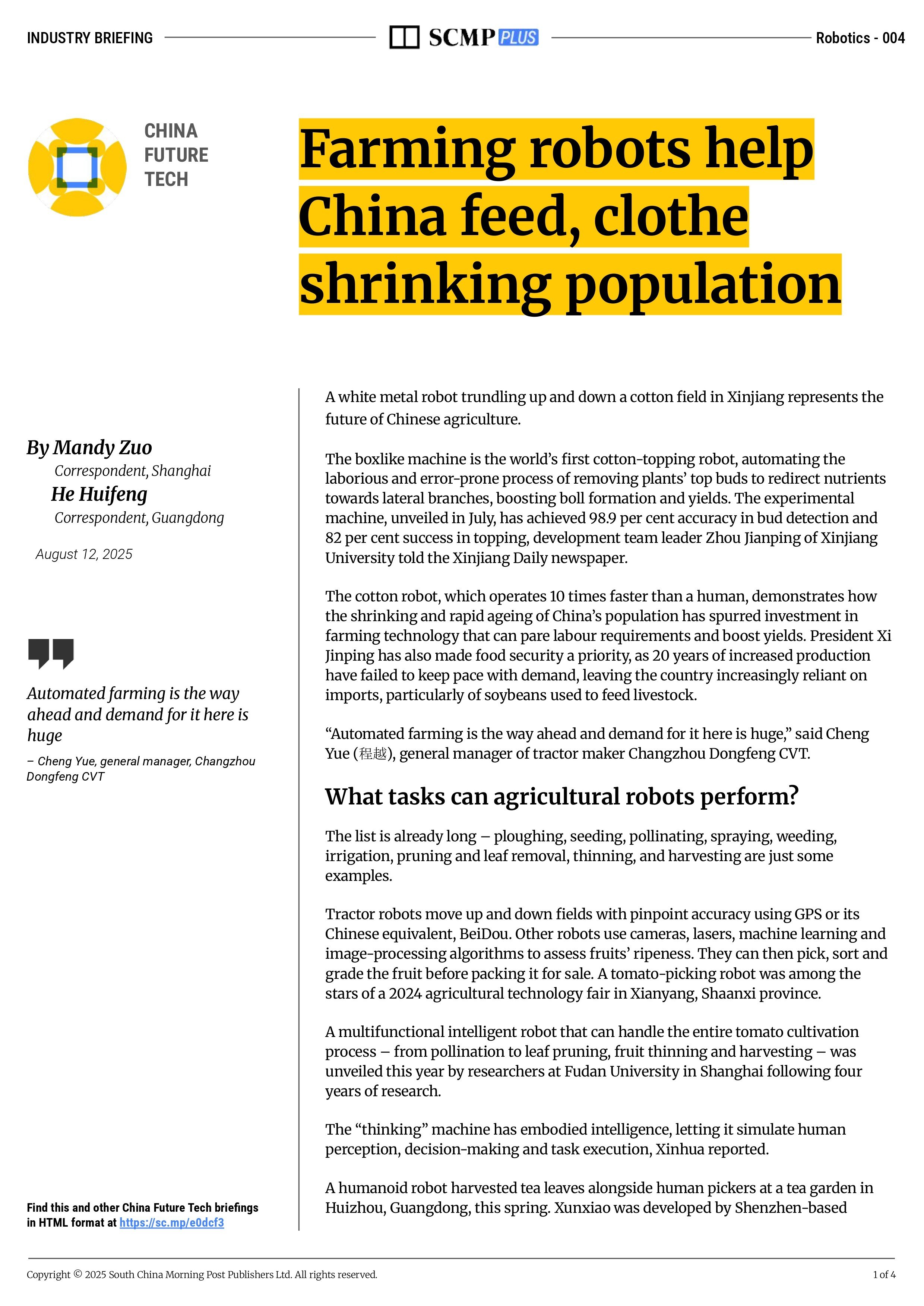Farming robots help China feed, clothe shrinking population