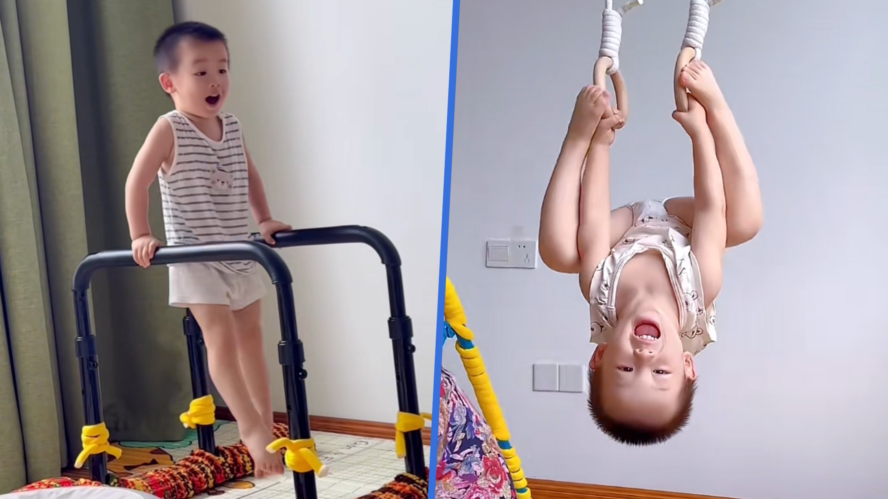 In Zhejiang, a talented three-year-old boy has amazed onlookers with his gymnastics skills, swinging on bars while still in diapers. Photo: SCMP composite/Douyin