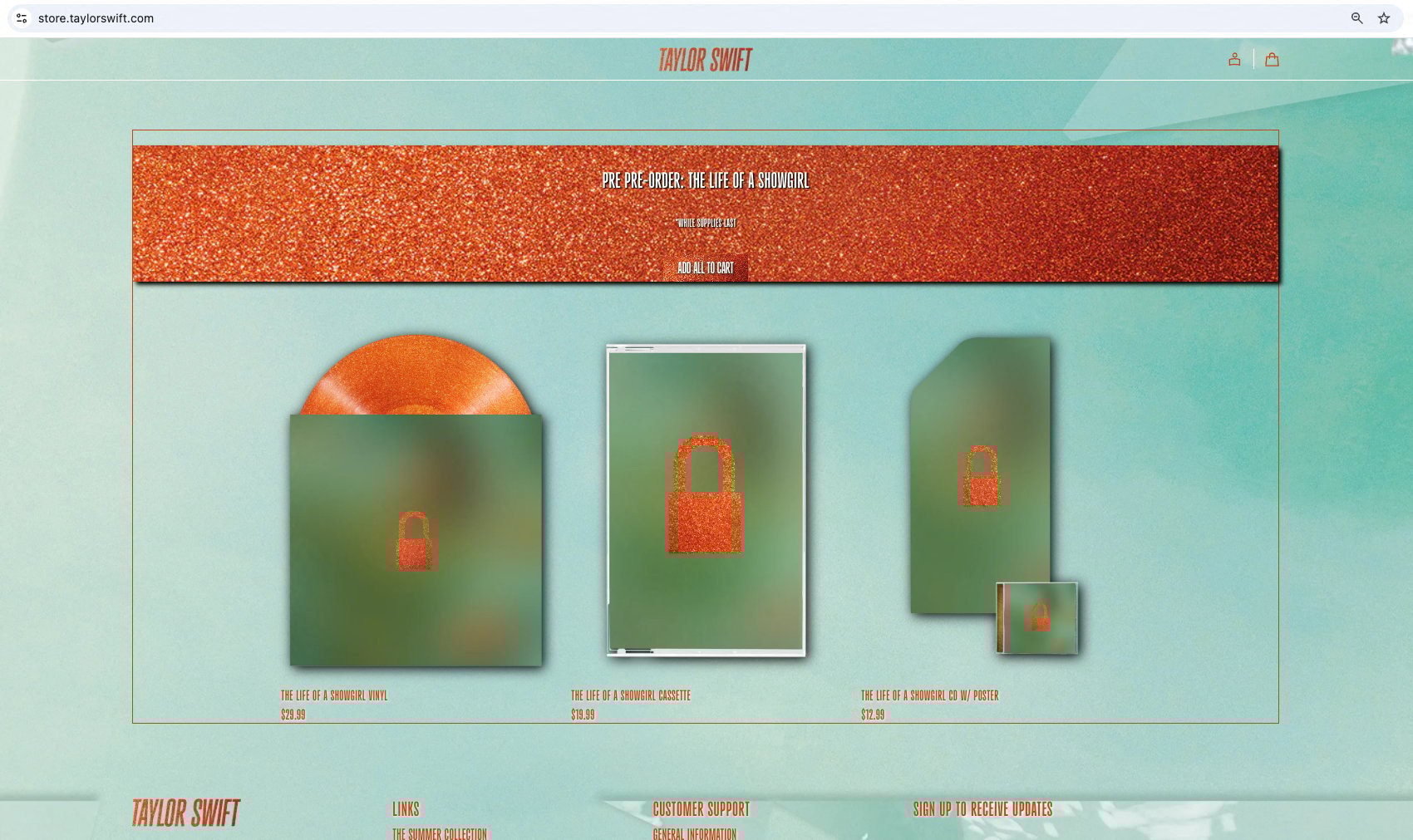 A screengrab of Taylor Swift’s website shows purchase links for vinyls, cassettes and posters of her new album ‘The Life of a Showgirl’ with blurred cover images. Photo: TaylorSwift.com/Handout via Reuters