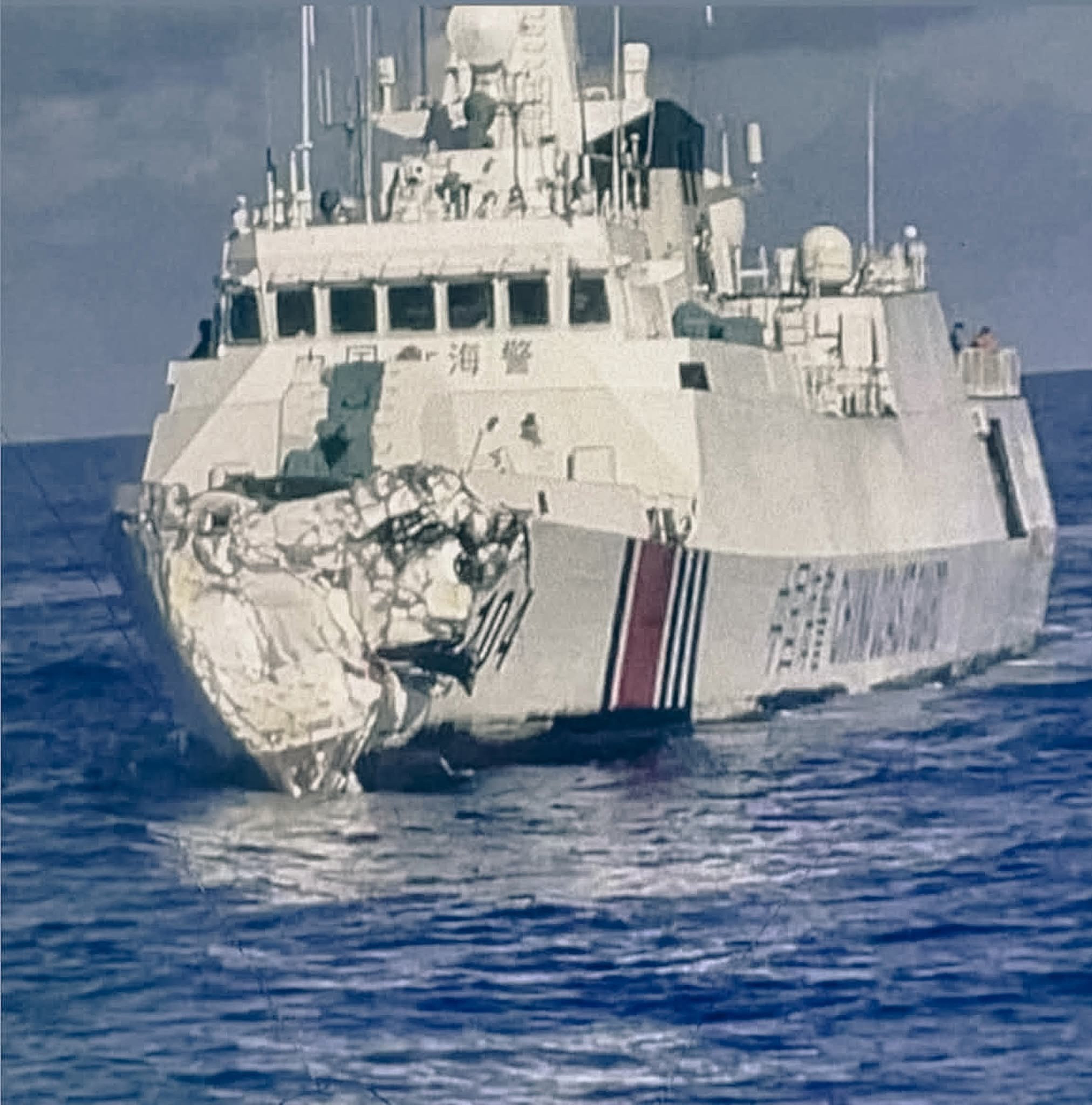 A Chinese coastguard vessel collided with a PLA Navy ship, numbered 164, around 10 nautical miles east of Scarborough Shoal, resulting in substantial damage to the coastguard vessel. Photo: Philippine Coast Guard