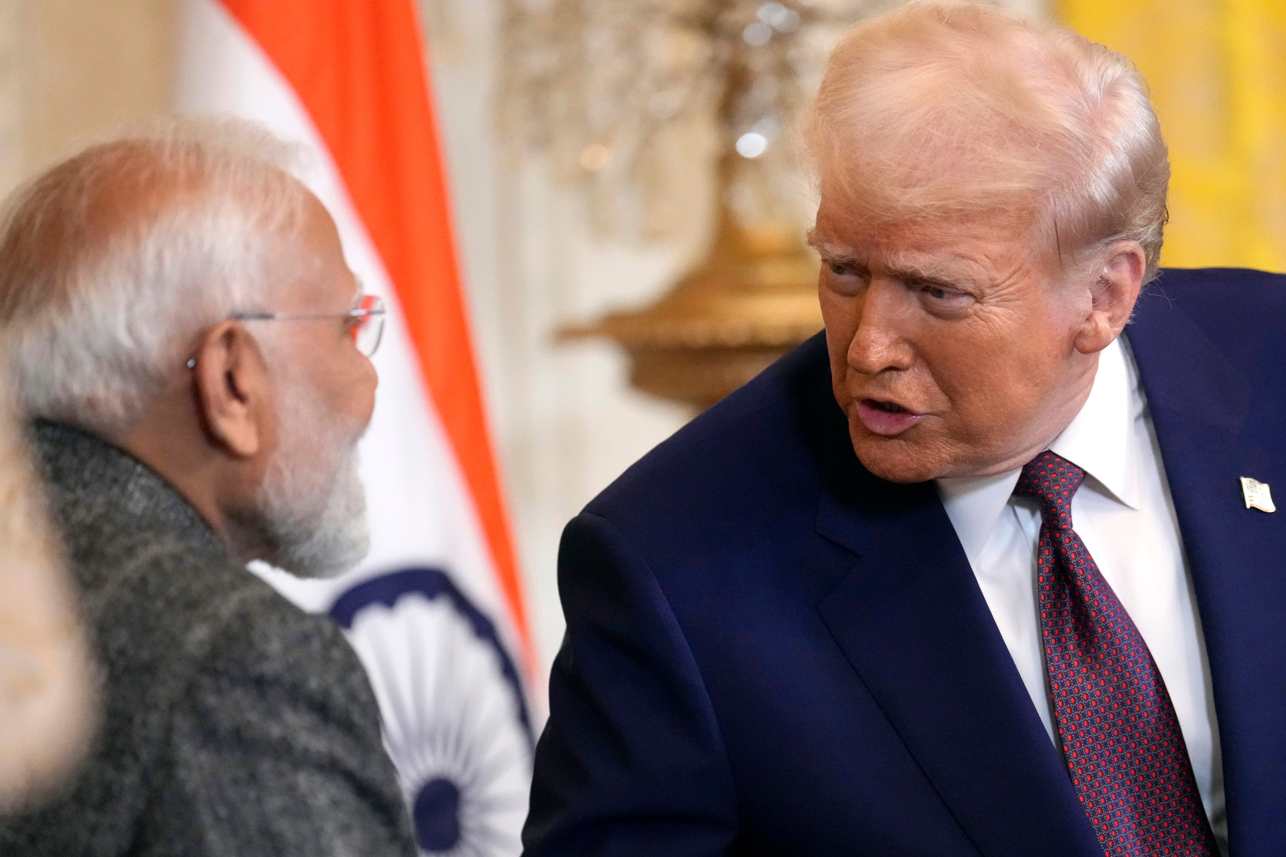 US President Donald Trump speaks with India’s Prime Minister Narendra Modi in the White House on February 13. Photo: AP