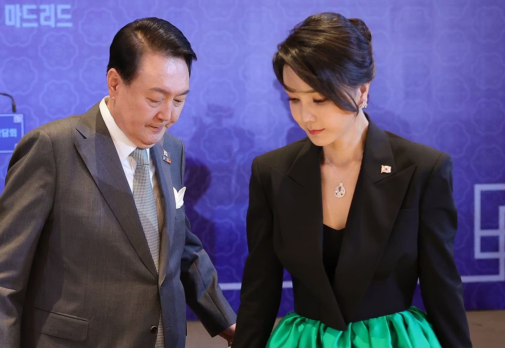 Former South Korean first lady Kim Keon-hee wears a diamond pendant at a dinner with her husband, former president Yoon Suk-yeol during the Nato summit on June 29, 2022. Photo: Presidential Photography Group
