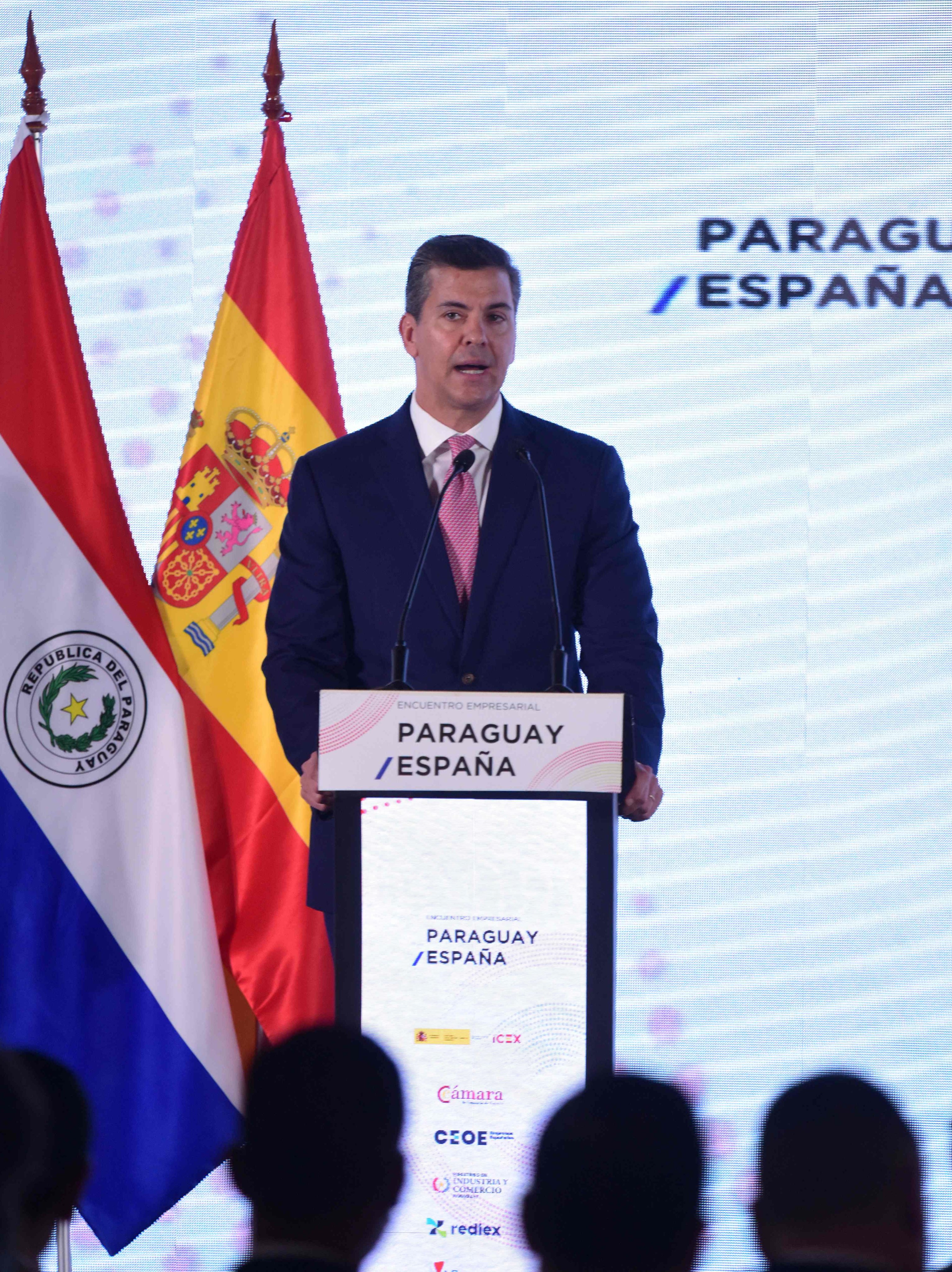 Paraguay’s President Santiago Pena delivers a speech after a meeting with Spanish Prime Minister Pedro Sanchez in Asuncion in July. Photo: AFP