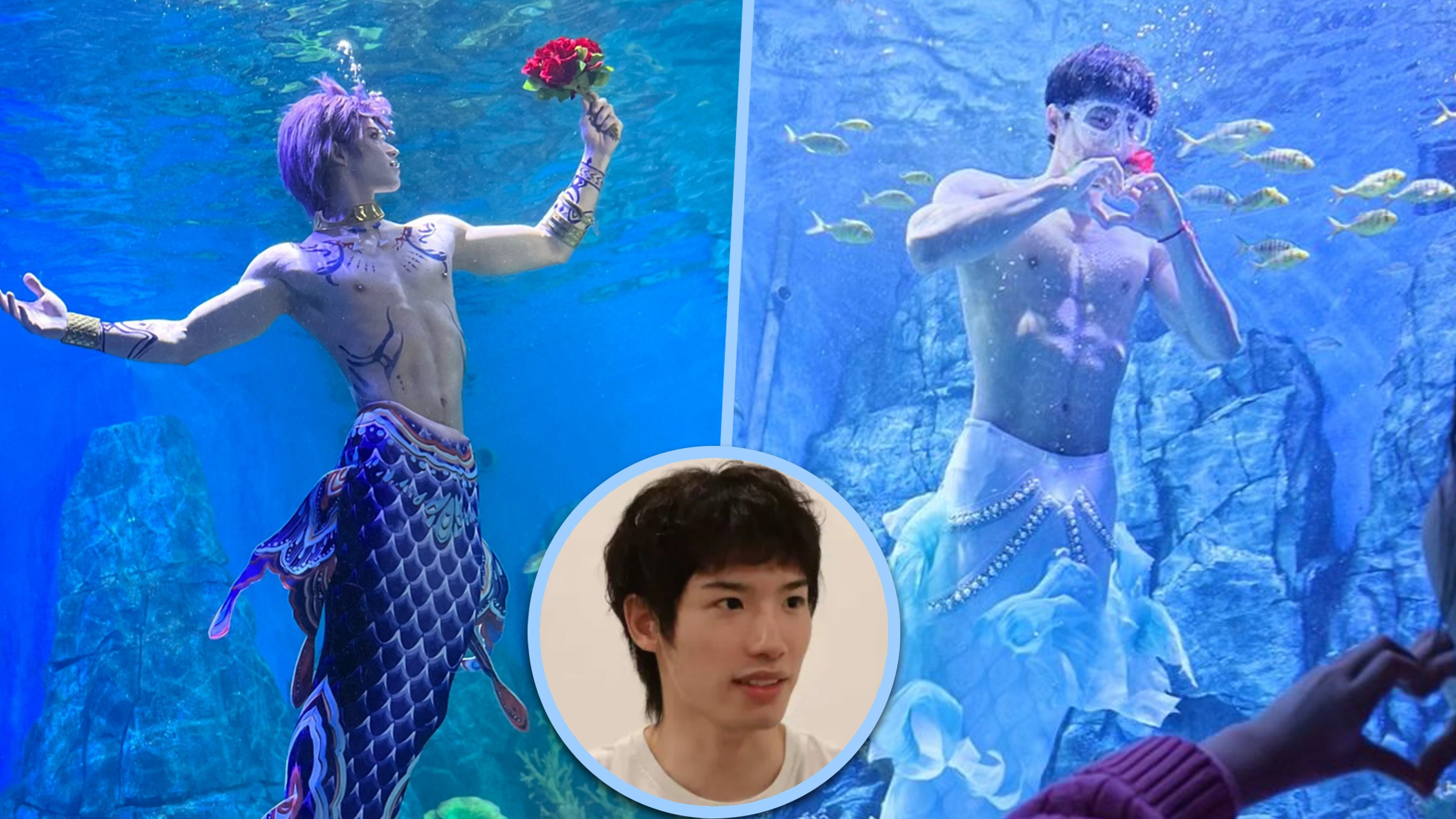 A former Chinese diver has turned merman performer by creating stunning underwater routines that blend strength and artistry. Photo: SCMP composite/jiupainews/RedNote