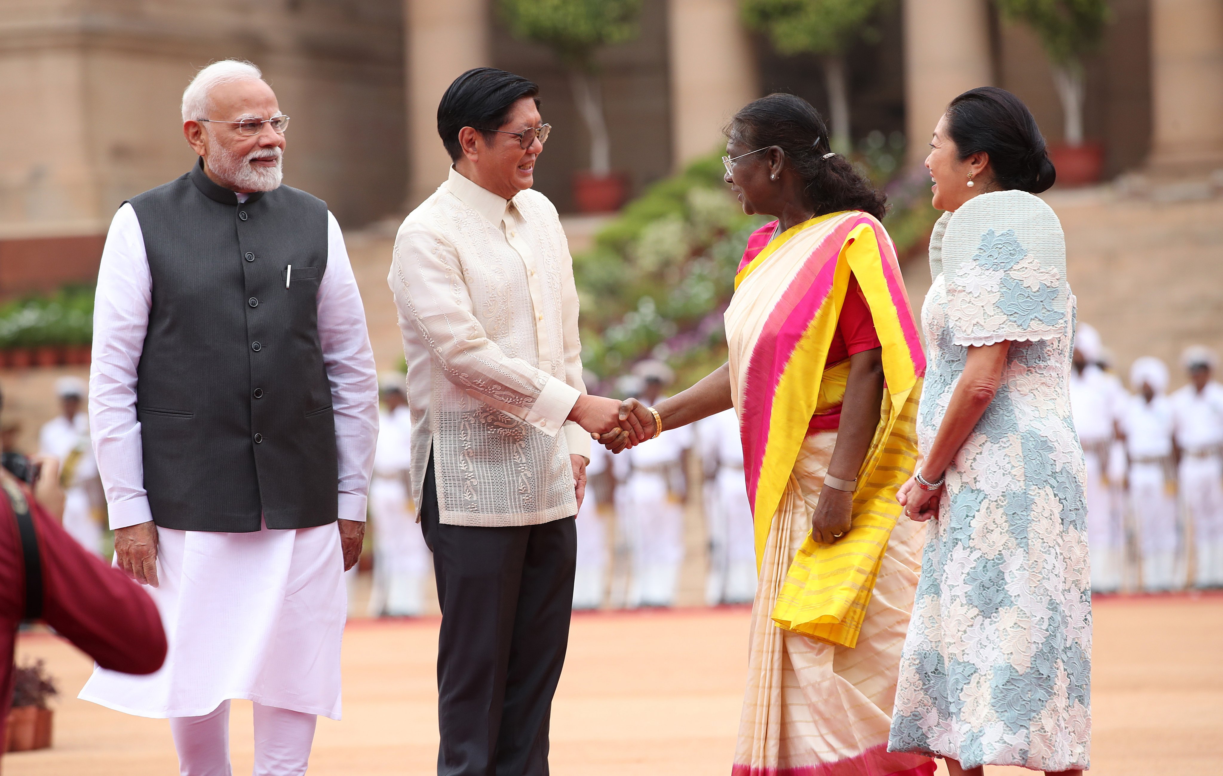 Philippine President Ferdinand Marcos Jnr (second from left) and his wife, Louise Araneta-Marcos (right), meet Indian President Droupadi Murmu (second from right) and Indian Prime Minister Narendra Modi (left) during a welcome reception at the President’s House in New Delhi, India, on August 5. Photo: EPA