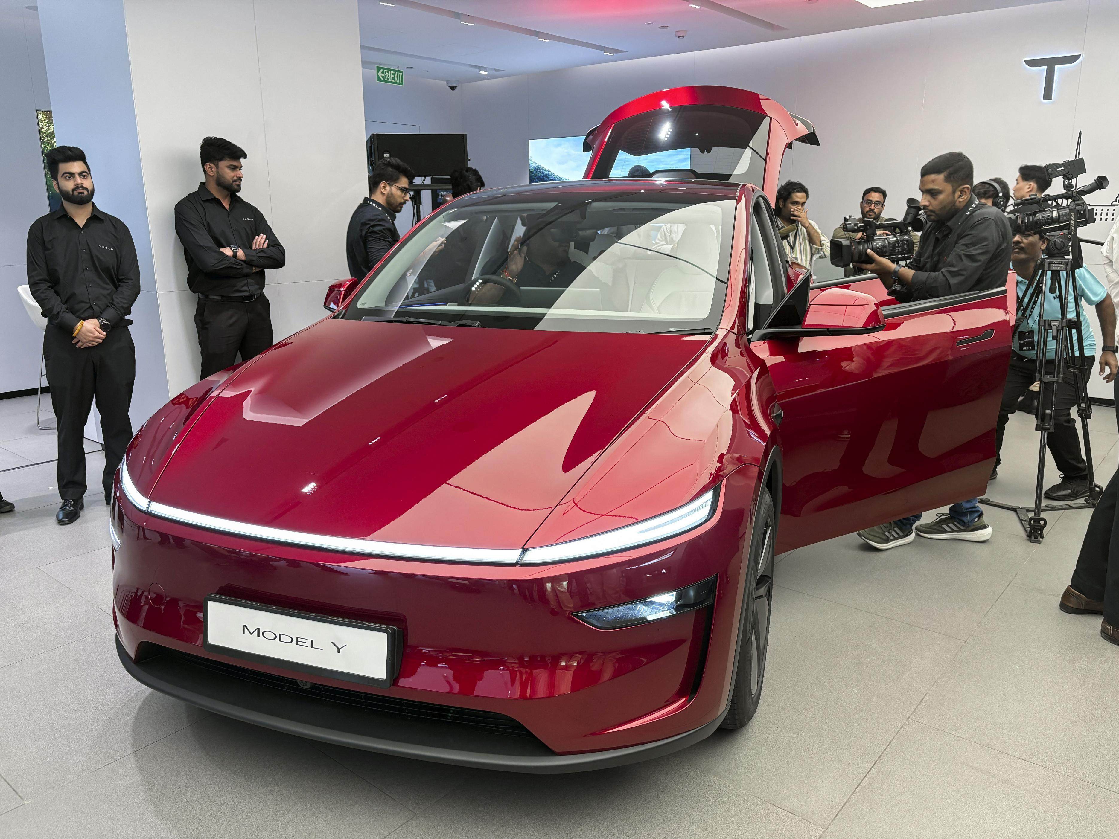 A Tesla Model Y sport utility vehicle on display at the company’s new showroom in New Delhi, which opened on Monday. Photo: Kyodo