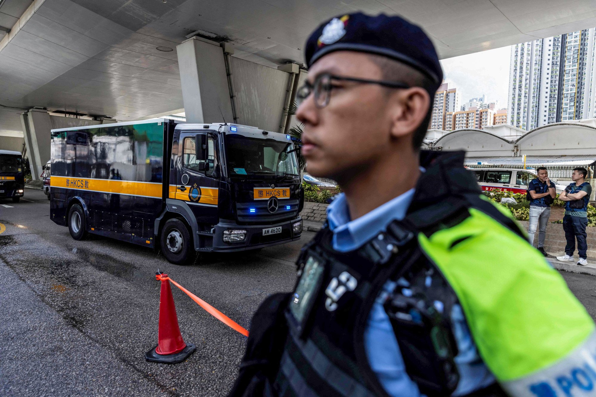 A correctional services van carrying Jimmy Lai arrives at West Kowloon Court on Friday. Photo: AFP