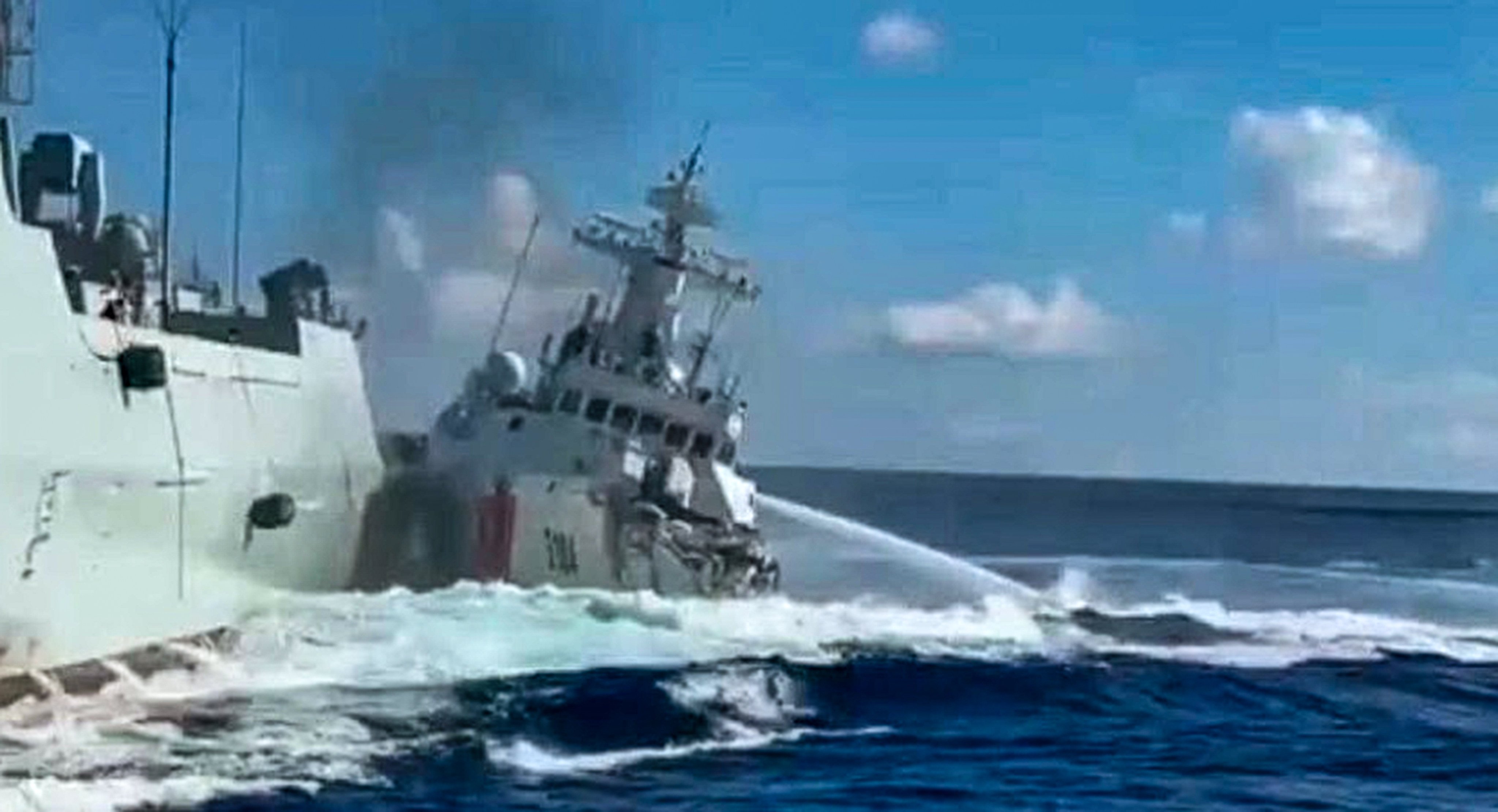 Screen grab from Philippine coastguard footage appears to show the purported collision between Chinese coastguard and military vessels near the disputed Scarborough Shoal. Photo: Handout